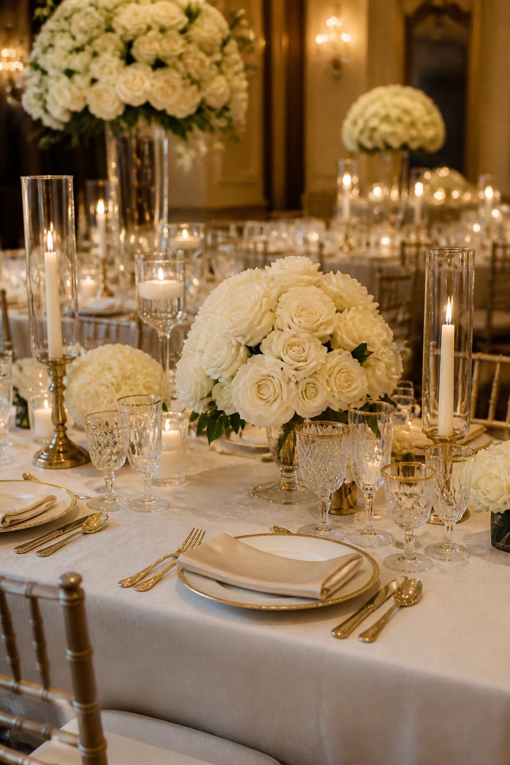 Image Prompt:
An elegant old money wedding table photo featuring ivory linen, champagne satin napkins, white roses, gold-rimmed plates, crystal glasses, polished silver or gold flatware, and soft candlelight. Refined hotel ballroom or private club reception setting, no visible faces, no text, no watermark, realistic editorial wedding photography, (no watermarks on images)