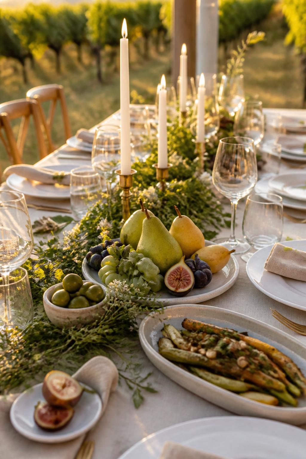 Image Prompt:
A romantic family style wedding dinner table styled with pears, figs, grapes, soft greenery, small white flowers, ivory candles, ceramic serving platters, linen napkins, white plates, and clear glassware. Garden or vineyard reception setting with warm natural light, no visible faces, no text, no watermark, professional editorial wedding photography, (no watermarks on images)
