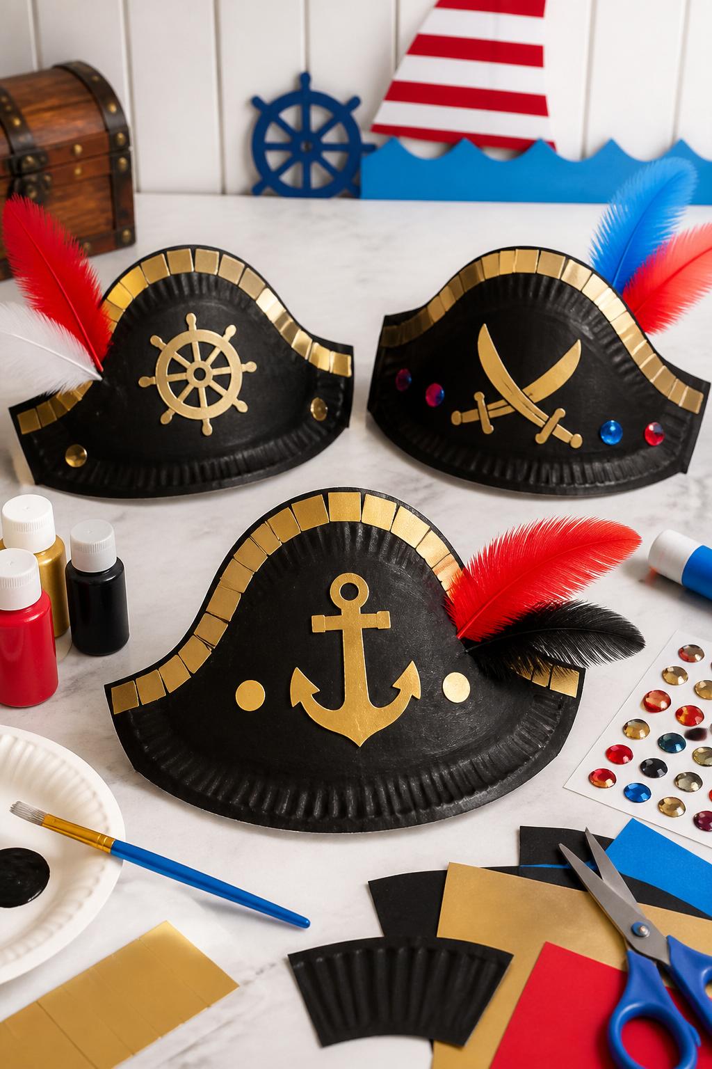 Detailed Image Prompt:
A cute pirate summer craft photo showing handmade paper plate pirate hats, paper plates painted black with gold paper trim, feather accents, stickers, and simple skull-free pirate symbols, arranged on a clean craft table with paint, glue, and paper scraps nearby, playful dress-up craft style, no children wearing them, no faces, no readable text, no watermark on images.