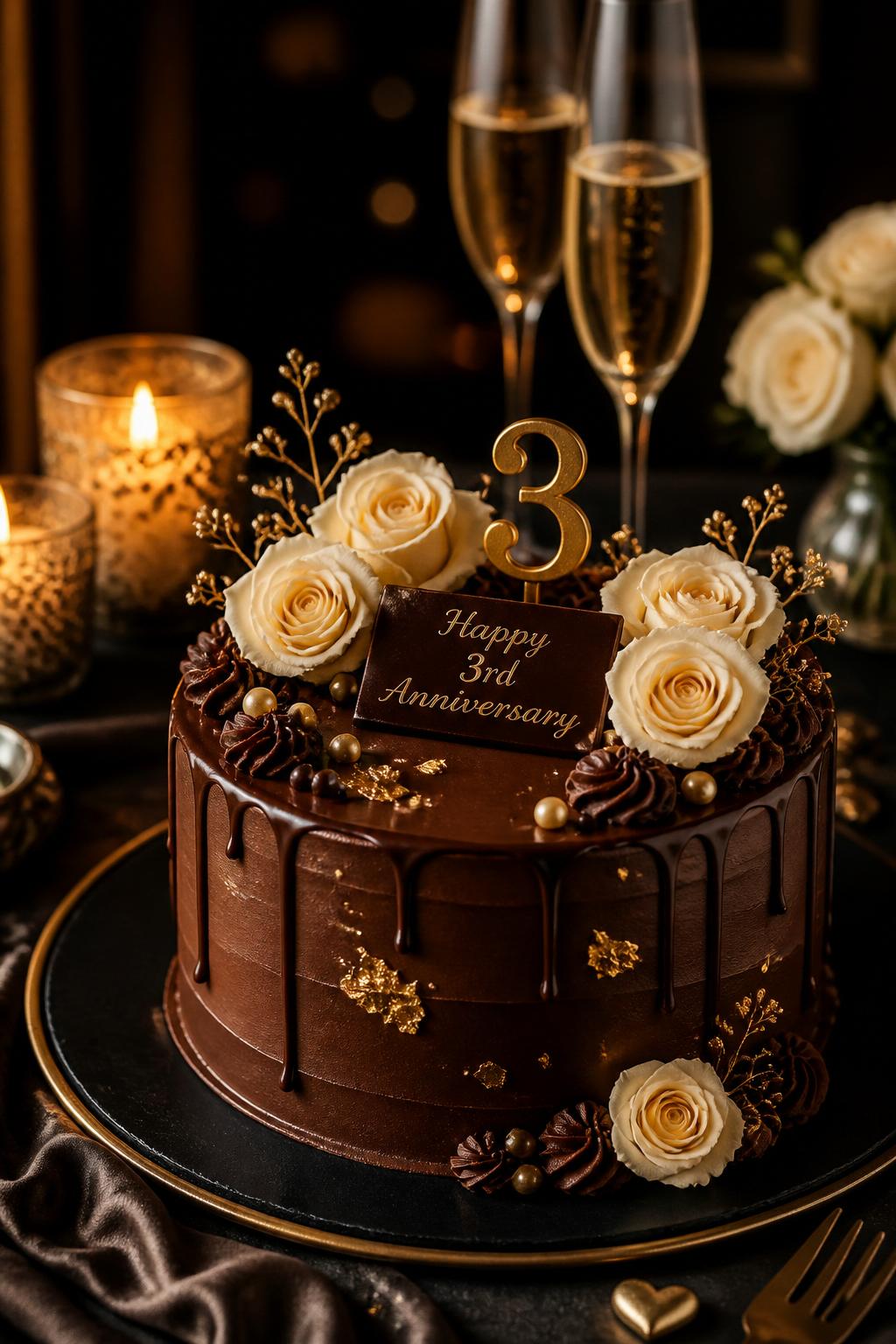 Image Prompt: A rich chocolate 3rd anniversary cake with smooth chocolate ganache, subtle gold leaf accents, cream roses, tiny pearl details, and a small “3” topper. Place it on a dark dessert plate with candles, champagne glasses, and warm romantic lighting. Make it luxurious, cozy, and realistic, with rich cake texture, no people, no faces, no watermark. (no watermarks on images)