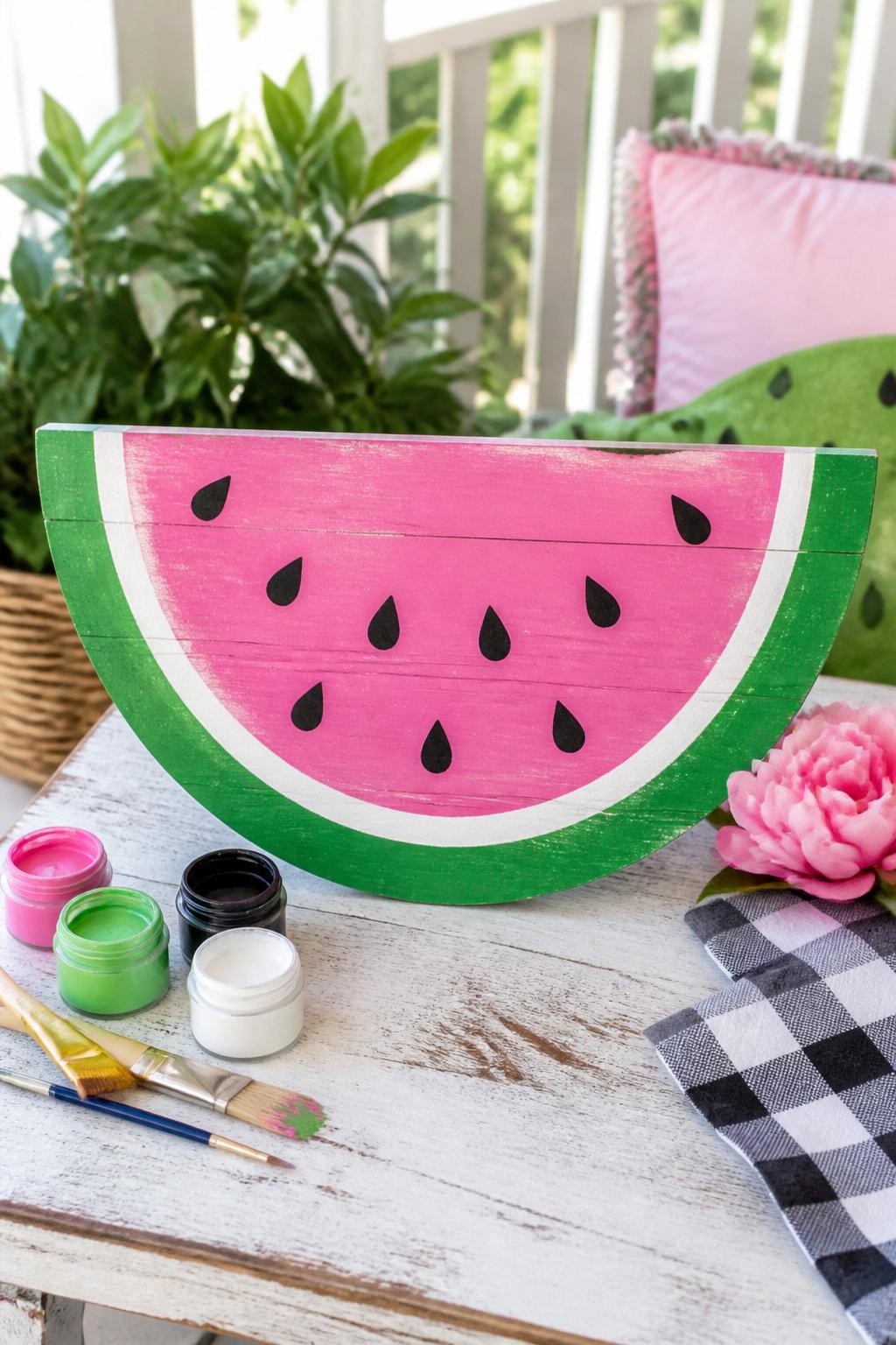 Detailed Image Prompt:
A bright editorial-style craft photo of a handmade wooden watermelon slice sign on a summer porch table, half-circle wood piece painted with pink center, green rind, and black seed dots, small paint pots and brushes nearby, rustic whitewashed wood surface, fresh summer porch styling, clean natural daylight, no people, no faces, no readable text, no watermark on images.