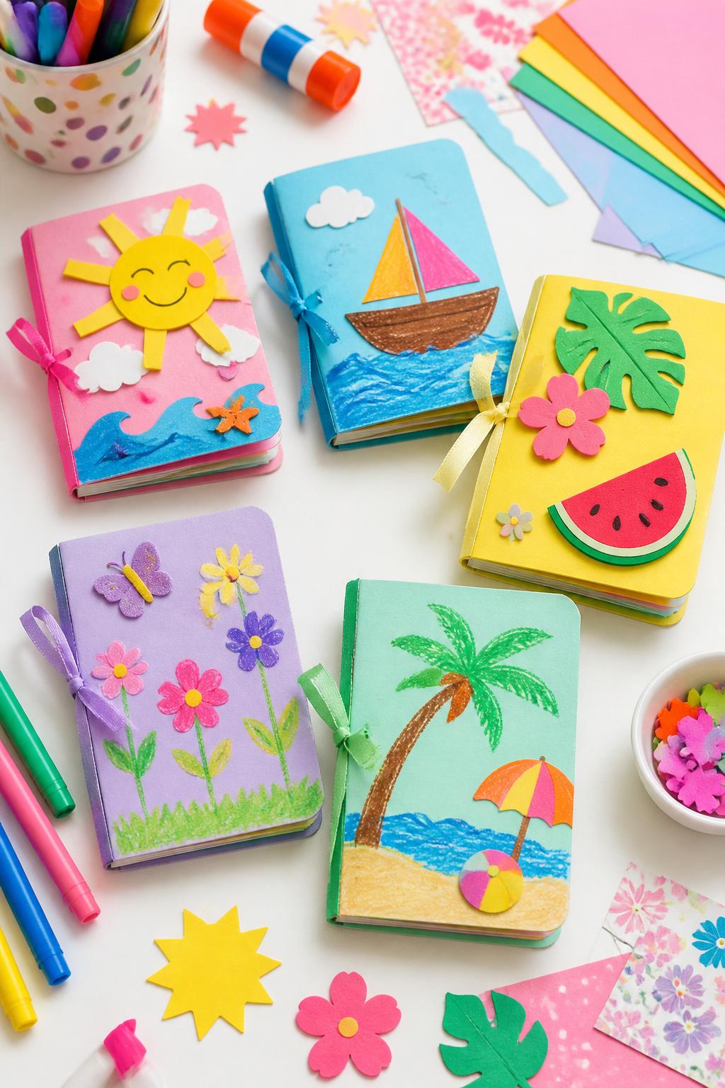 Detailed Image Prompt:
A colorful kids’ craft photo showing mini handmade summer memory books, small folded paper booklets decorated with stickers, paper suns, waves, flowers, fruit shapes, crayon drawings, and ribbon ties, placed on a white craft table with markers, glue, and paper scraps nearby, sweet end-of-summer journaling style, no people, no faces, no readable text, no watermark on images.