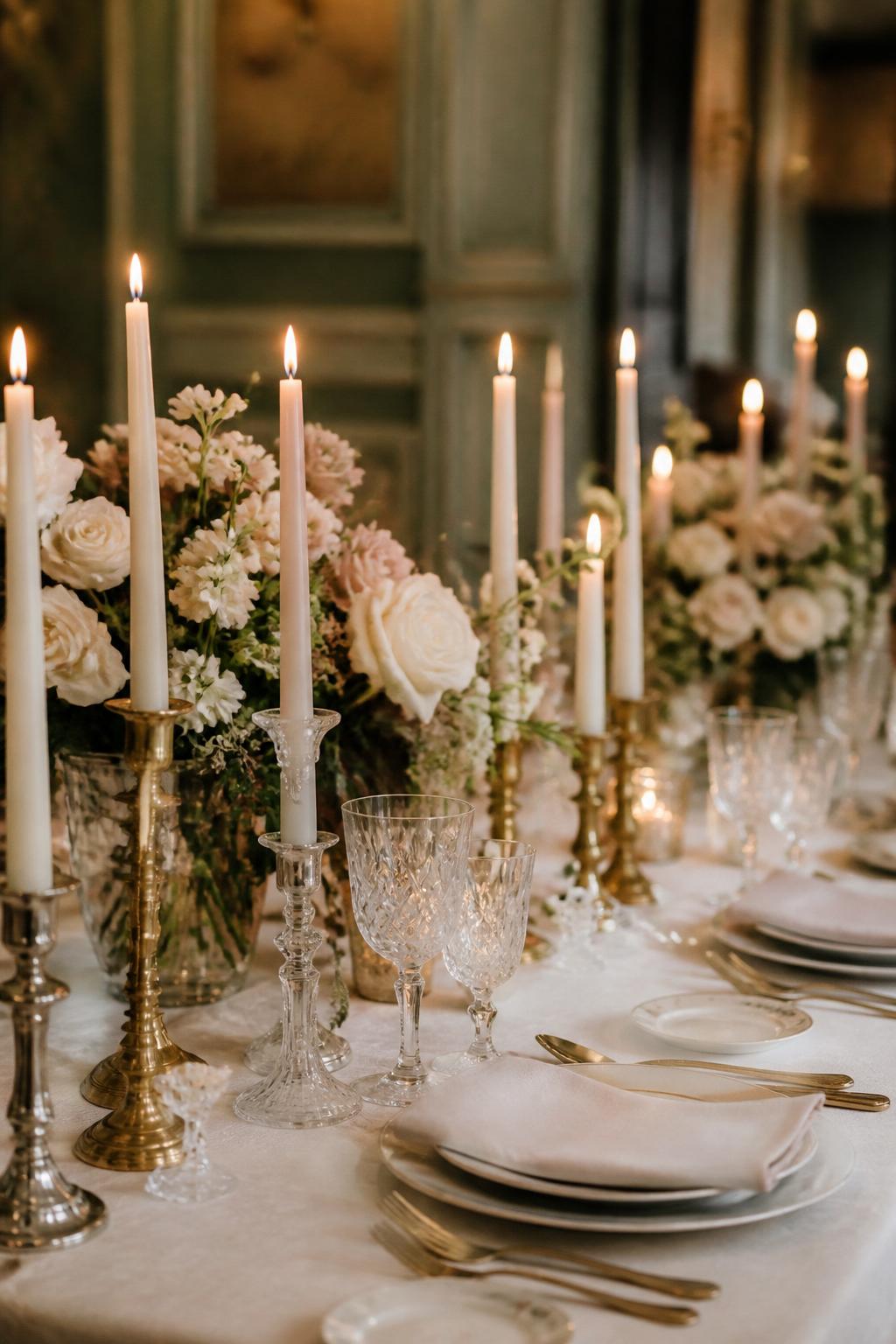 Image Prompt:
A warm vintage wedding table photo showing taper candles in mixed antique holders, including brass, glass, and silver pieces. Add white flowers, blush blooms, ivory linen, crystal glasses, and elegant place settings. Romantic indoor reception lighting, no visible faces, no text, no watermark, professional DSLR wedding photography, (no watermarks on images)