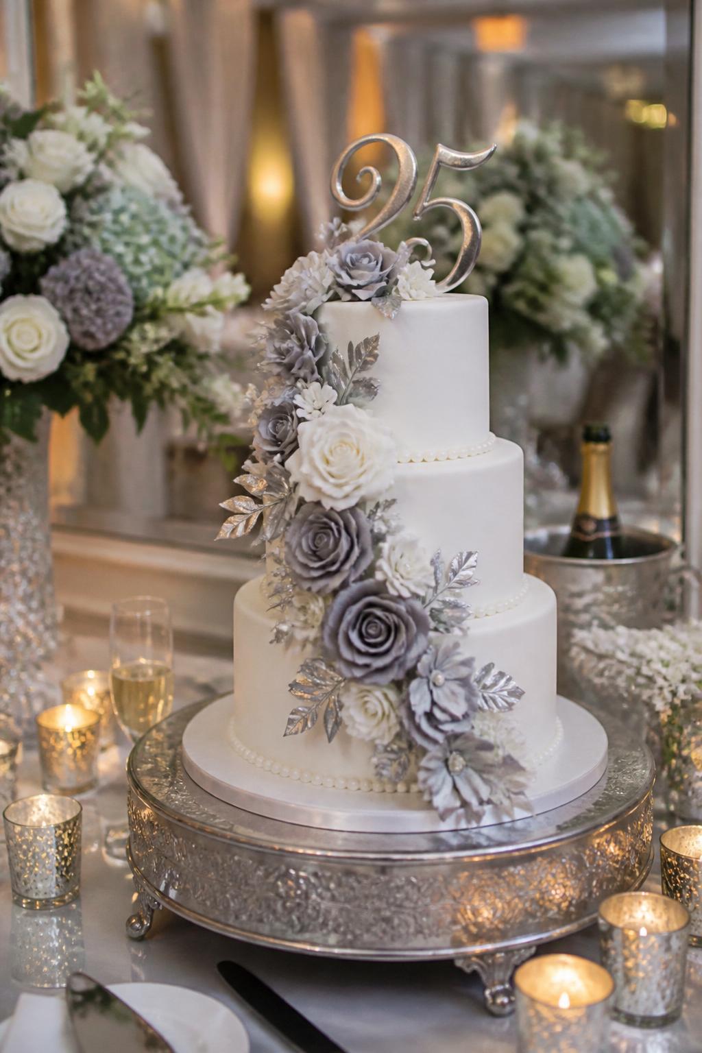 Image Prompt: Ultra-realistic 25th wedding anniversary reception image featuring a classy silver floral cascade cake with smooth white tiers, white flowers, pale gray blooms, silver leaves, pearl details, and an elegant number "25" topper. Place the cake on a refined dessert table with candles, champagne glasses, silver table decor, white florals, fine linens, and a softly blurred celebration setting. Keep the cake as the main focus. No visible faces. If people appear, show only cropped hands, back views, side views, or neck-down figures. Realistic floral texture, refined silver detail, warm DSLR event photography, elegant and polished. (no watermarks on images)
