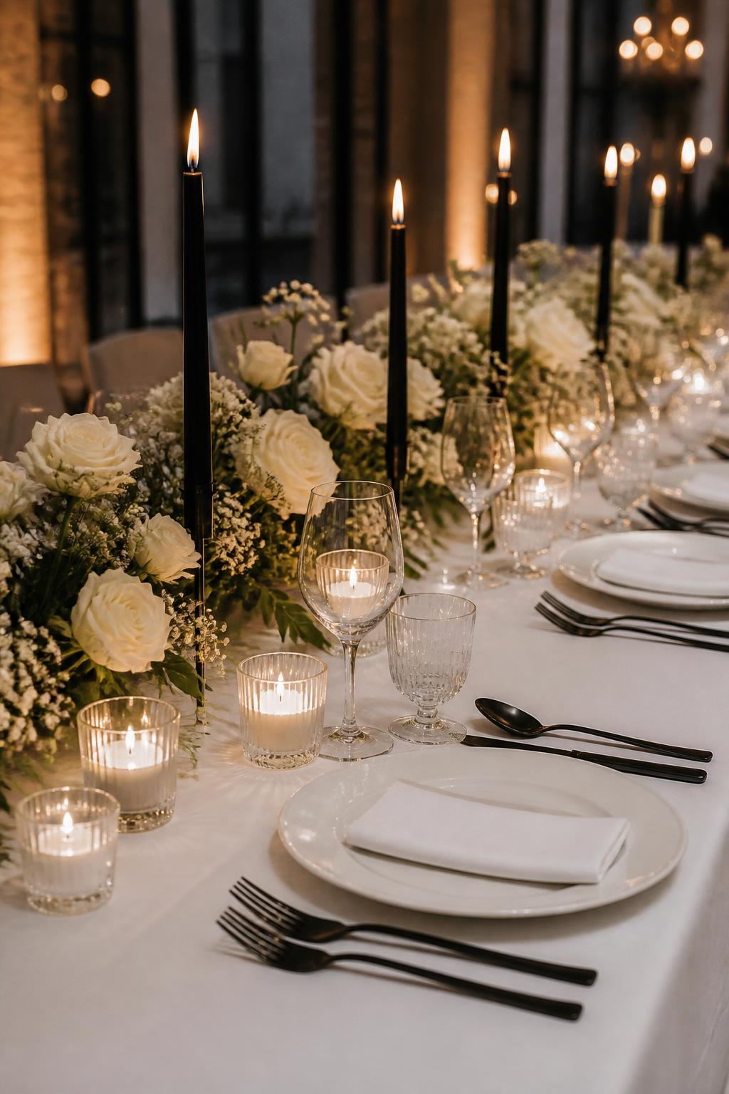 Image Prompt:
A modern wedding reception table styled with black taper candles, white roses, crisp white linen, white plates, matte black flatware, clear glasses, and warm candlelight. Stylish indoor wedding venue, no visible faces, no full people, no text, no watermark, realistic editorial wedding photography, (no watermarks on images)