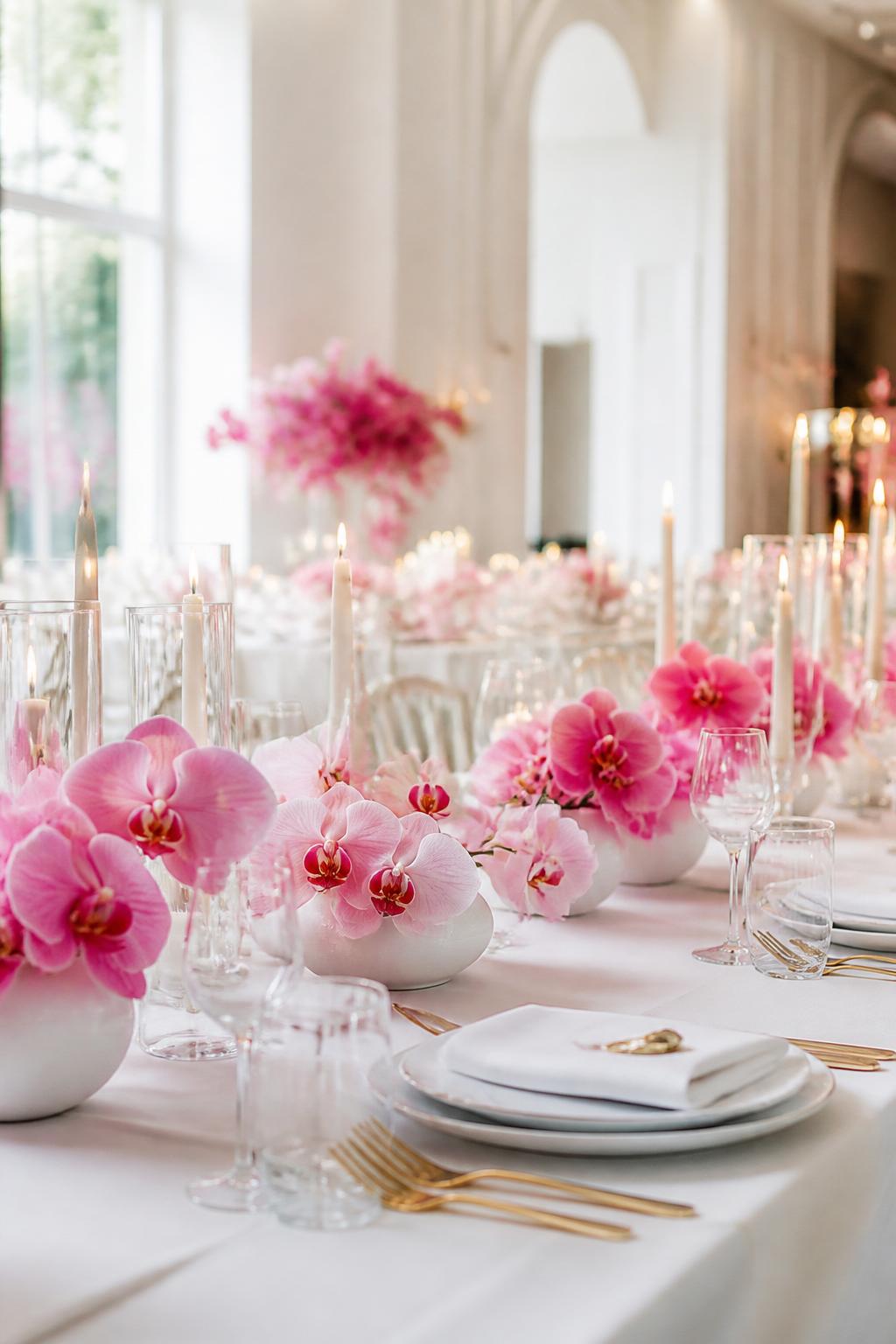 A modern elegant wedding table decorated with pink orchids in sleek low vases, white linen, white plates, clear glasses, slim candles, and polished gold flatware. Bright upscale reception space, no visible faces, no text, no watermark, realistic editorial wedding photography, (no watermarks on images)