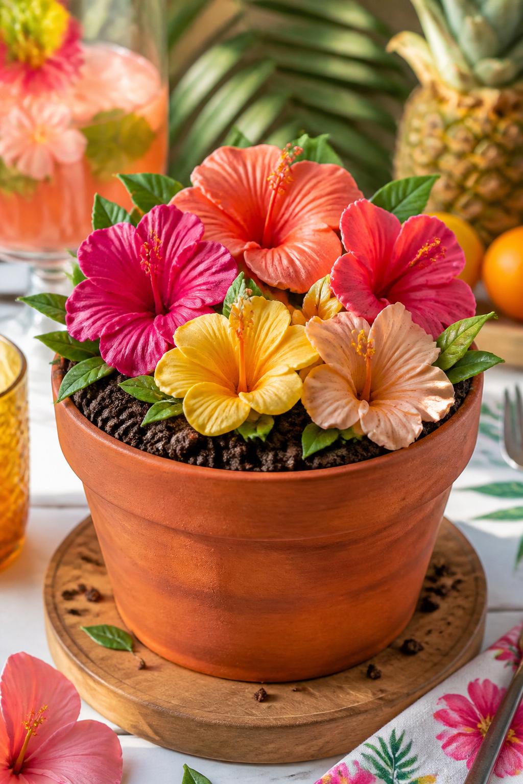 Detailed Image Prompt:
A bold flower pot cake topped with tropical buttercream hibiscus flowers in coral, hot pink, peach, and soft yellow, glossy green leaves, chocolate crumb soil, and a realistic terracotta pot design, styled on a bright summer party table with tropical decor accents, sunny editorial dessert photography, no people, realistic DSLR quality, no watermarks on images.