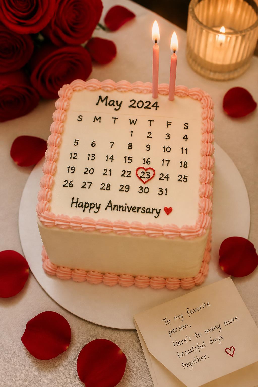 Image Prompt: A personalized anniversary mini cake designed like a small calendar page, with smooth white buttercream, a neat piped calendar grid, one marked anniversary date with a tiny red heart, and soft pink piping around the edge. Style it with candles, rose petals, a folded love note, and warm indoor light. Make it thoughtful, cute, and realistic, no people, no faces, no watermark. (no watermarks on images)