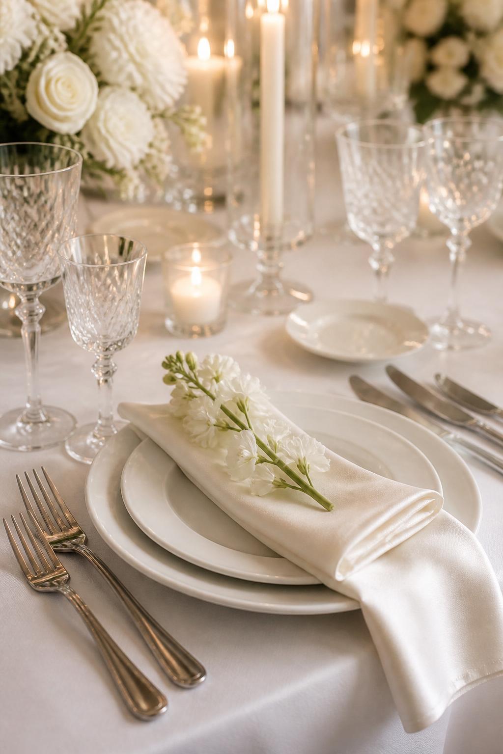 Image Prompt:
A close editorial wedding table photo focused on layered white and ivory place settings with white plates, ivory folded linen napkins, polished flatware, crystal glasses, a white floral sprig, and soft candlelight in the background. No visible faces, no text, no watermark, realistic professional wedding photography, (no watermarks on images)