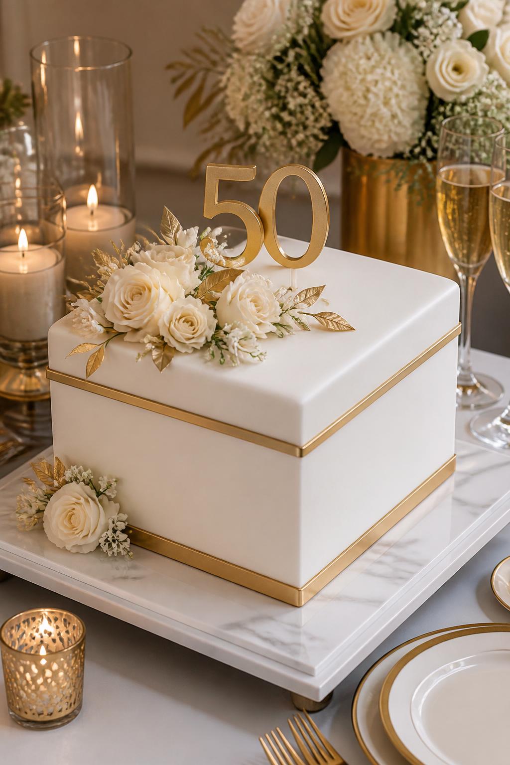 Image Prompt: A modern square golden wedding anniversary cake with sharp white fondant edges, thin metallic gold bands, soft cream flowers, and a simple gold “50” topper. Style it on a sleek dessert table with candles, champagne glasses, gold-rimmed plates, and neutral floral decor. Make it look clean, structured, and realistic, no people, no faces, no text overlay, no watermark. (no watermarks on images)