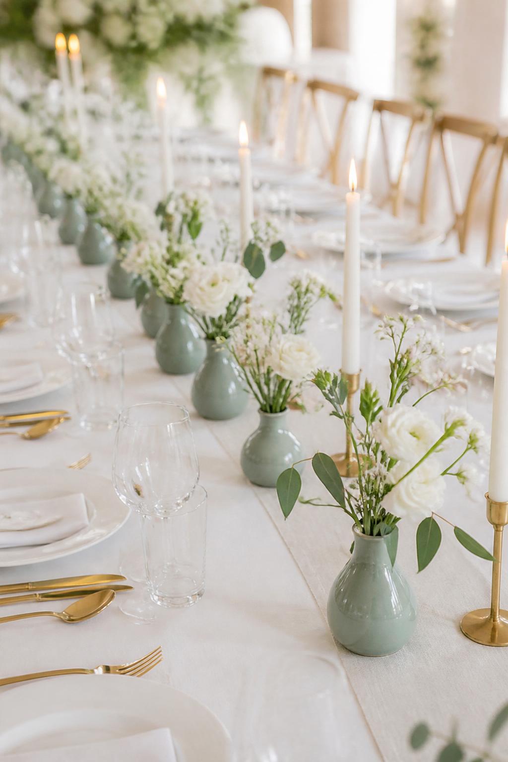 Image Prompt:
A clean modern wedding table photo showing a neat line of small sage green ceramic bud vases down the center, each filled with white flowers and soft greenery. Add ivory linen, white plates, gold flatware, clear glasses, and slim candles. Bright elegant reception setting, no visible faces, no text, no watermark, realistic editorial wedding photography, (no watermarks on images)