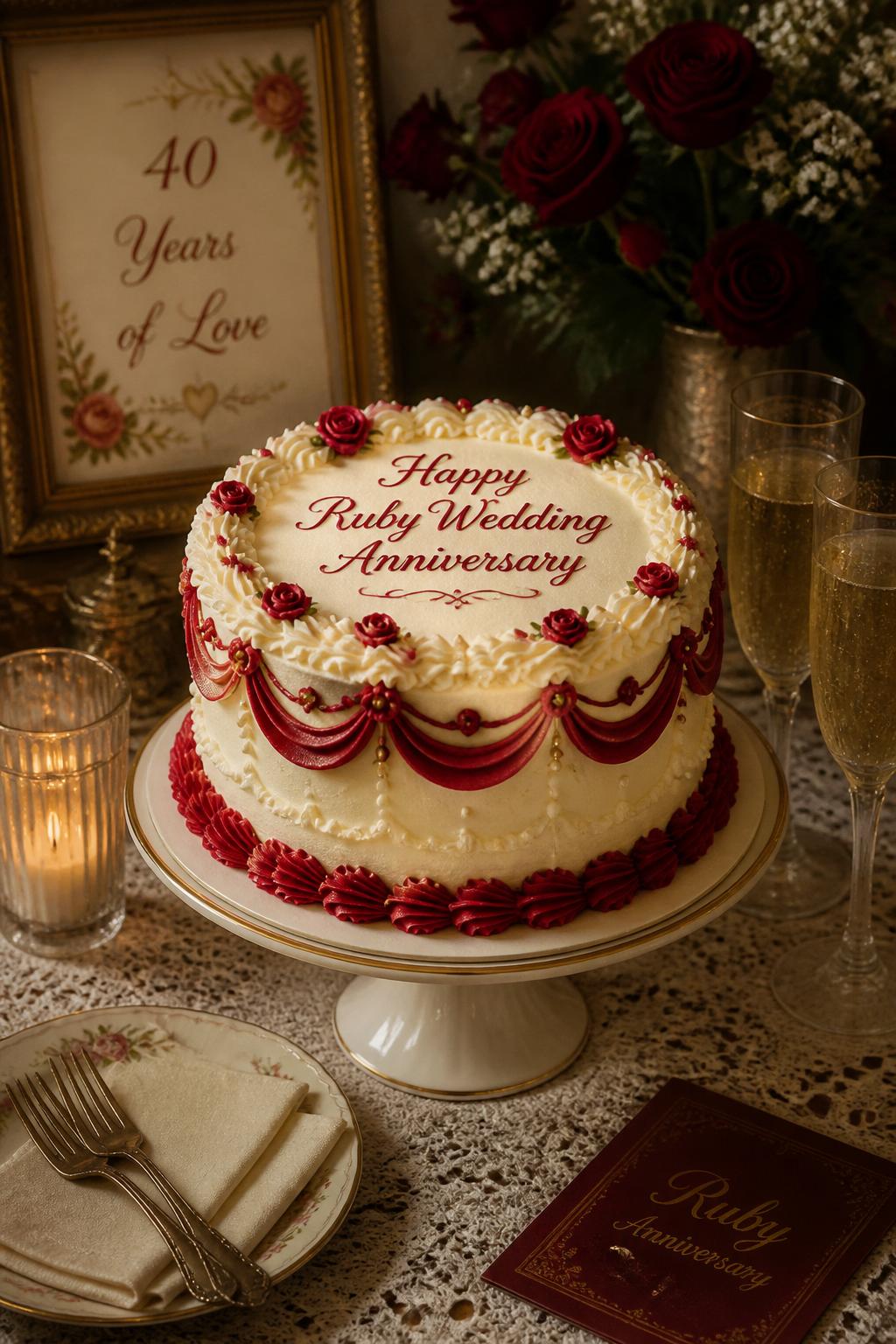 Image Prompt: A vintage Lambeth-style ruby wedding anniversary cake with ivory buttercream, ruby red piped swags, shell borders, pearl dots, tiny red roses, and soft gold accents. Style it on a classic cake stand with lace linen, candles, champagne glasses, and a warm vintage-inspired celebration setup. Make it nostalgic, romantic, and realistic, no people, no faces, no watermark. (no watermarks on images)