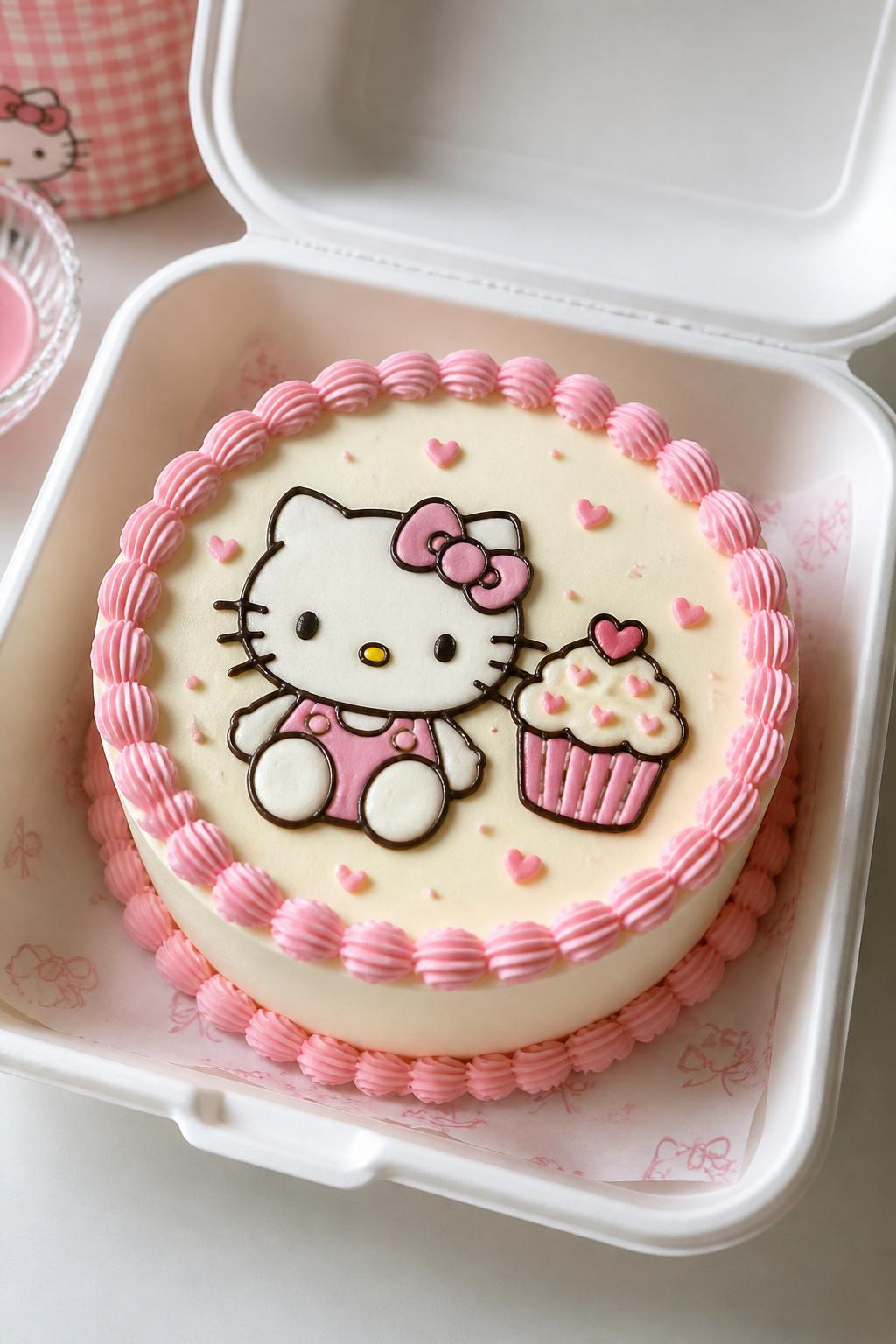 Image Prompt:
A cute Hello Kitty themed bento cake inside an open white cake box, smooth cream frosting, tiny Hello Kitty face design sitting beside a small cupcake illustration, pink piped border, playful bakery styling, bright soft lighting, realistic close-up dessert photography, no people, no hands, no faces, no watermarks on images