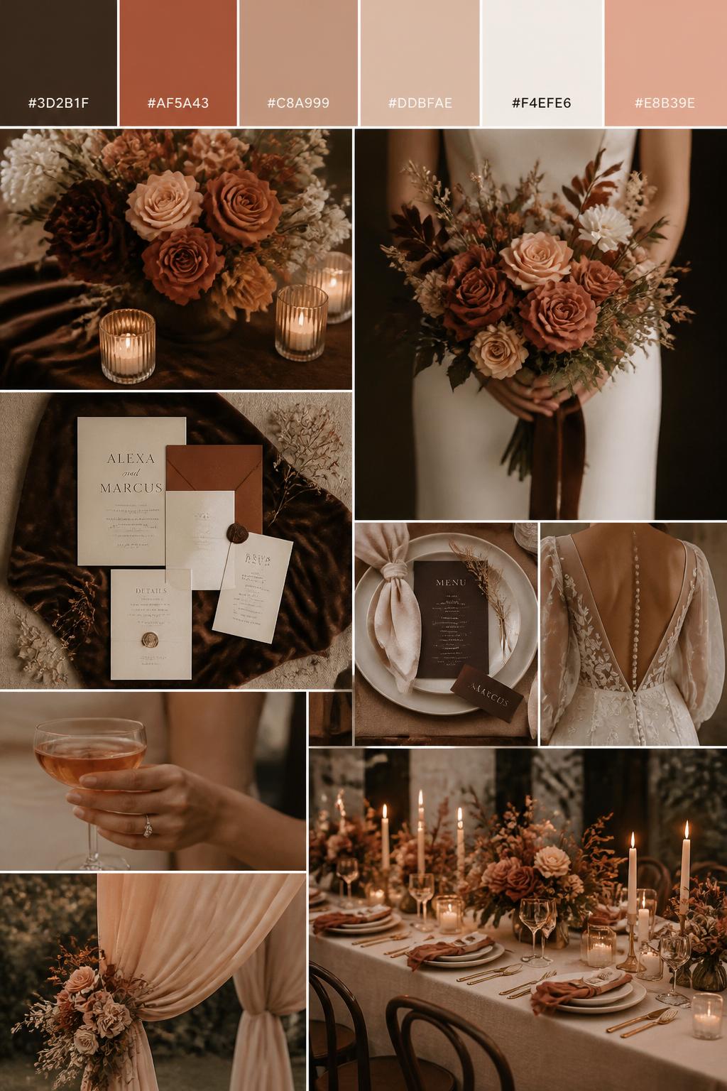 A realistic espresso wedding color mood board in a vertical collage style. Add a top strip of palette swatches with hex codes in espresso brown, terracotta, warm nude, clay beige, ivory, and muted peach. Below, show realistic wedding details like terracotta florals, espresso velvet accents, nude-toned linens, warm candlelight, elegant invitations, a bouquet held in front of the body with no face shown, back-view bridal detail shots, and a no-people reception table with earthy floral centerpieces. Use no clear faces, with a mix of cropped body details, hands-only shots, and no-people styling scenes. The look should feel warm, earthy, romantic, and polished with DSLR realism. 9:16 vertical format. (no watermarks on images)