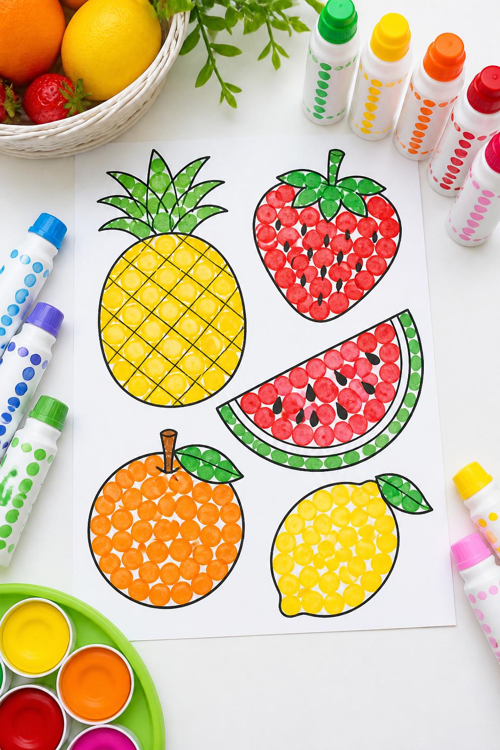 Detailed Image Prompt:
A cheerful kids’ art photo showing dot marker summer fruit art, large fruit outlines of pineapple, strawberry, watermelon, orange, and lemon filled with colorful dot marker patterns, dot markers arranged around the paper, clean white table, bright fruit-themed summer art style, no people, no faces, no readable text, no watermark on images.
