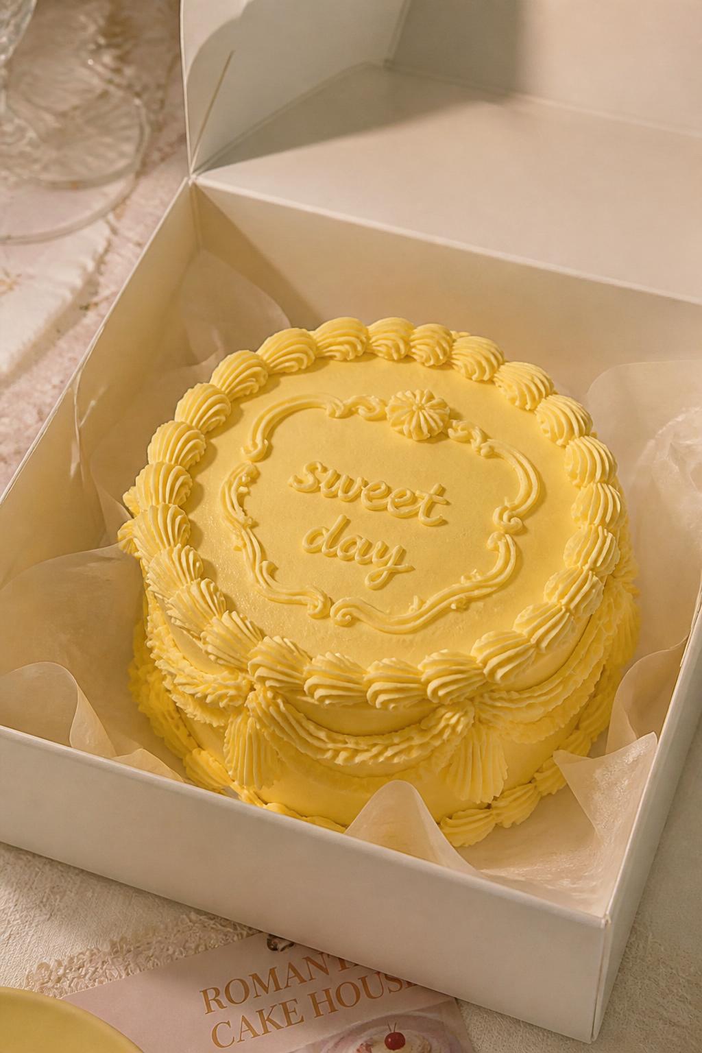Image Prompt:
A vintage style yellow bento cake inside an open white cake box, soft pastel yellow frosting, detailed shell borders, ruffle piping, delicate swirls, handwritten icing text reading “sweet day,” romantic retro bakery styling, soft table setting, realistic close-up dessert photography, no people, no hands, no faces, no watermarks on images