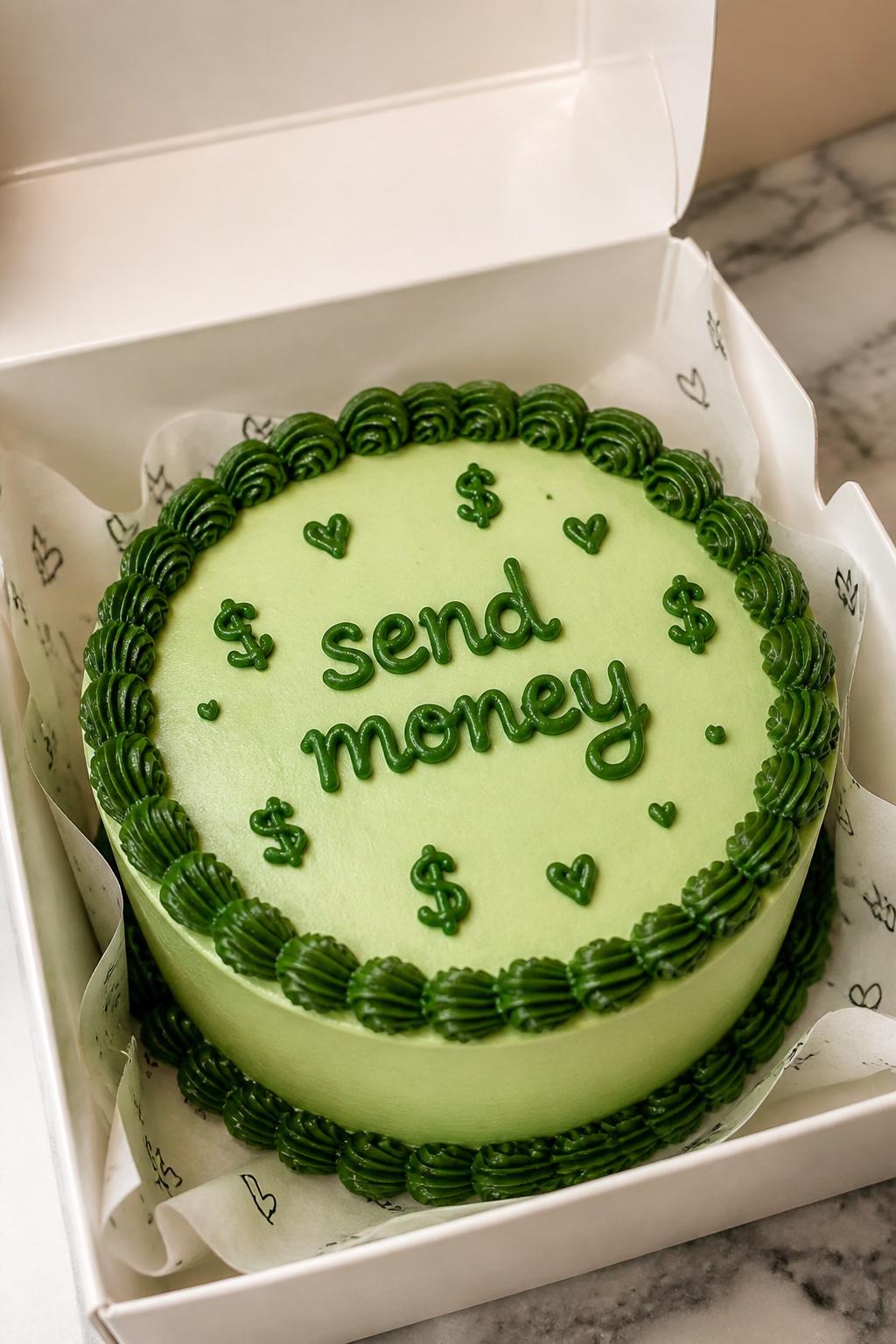 Image Prompt:
A funny bento cake inside an open white cake box, smooth light green frosting, dark green piped border, handwritten icing text reading “send money,” tiny dollar sign doodles and small hearts, playful modern dessert styling, realistic close-up bakery photo, no real money, no people, no hands, no faces, no watermarks on images
