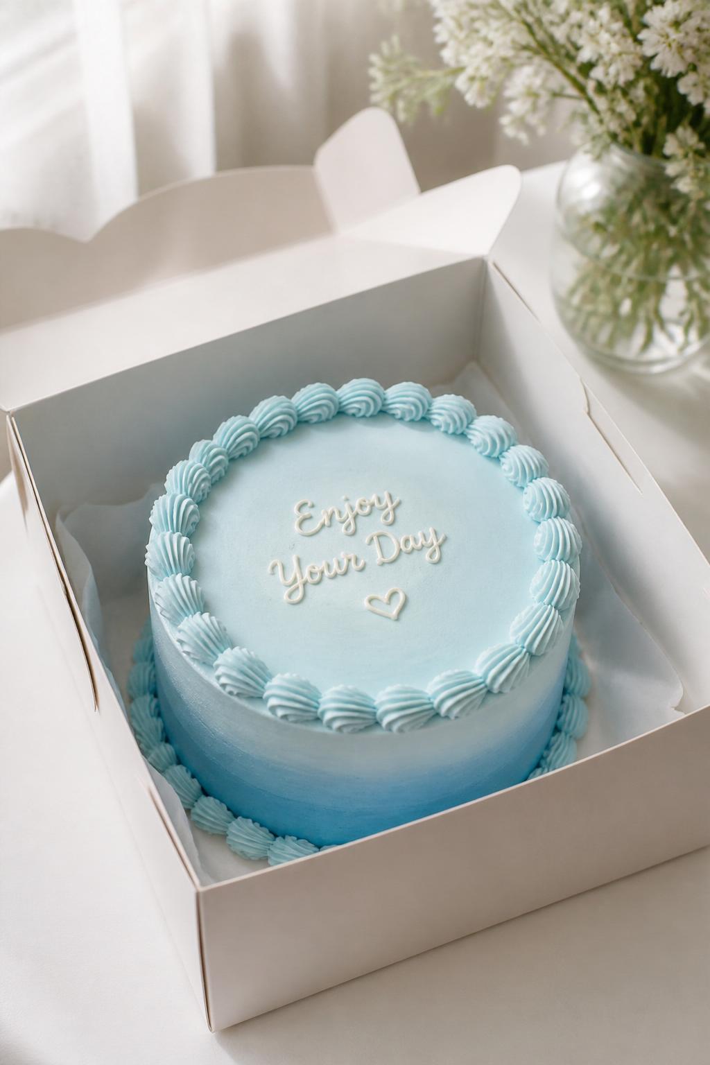 Image Prompt:
A pretty ombre blue bento cake in an open white cake box, buttercream frosting that fades from pale baby blue to deeper sky blue, neat piped border, soft elegant styling, clean dessert setup, natural window light, realistic editorial food photography, no people, no hands, no faces, (no watermarks on images)