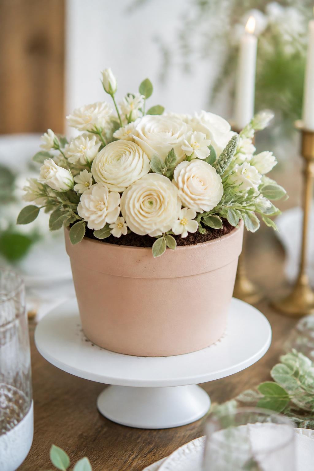 Detailed Image Prompt:
A refined flower pot cake with a clean pale clay-toned pot base, topped with white buttercream flowers including roses, ranunculus, and small blossoms, soft sage leaves, fine crumb soil, styled on a simple white cake stand with elegant event decor, bright natural light, luxury editorial dessert photography, no people, realistic DSLR image, no watermarks on images.