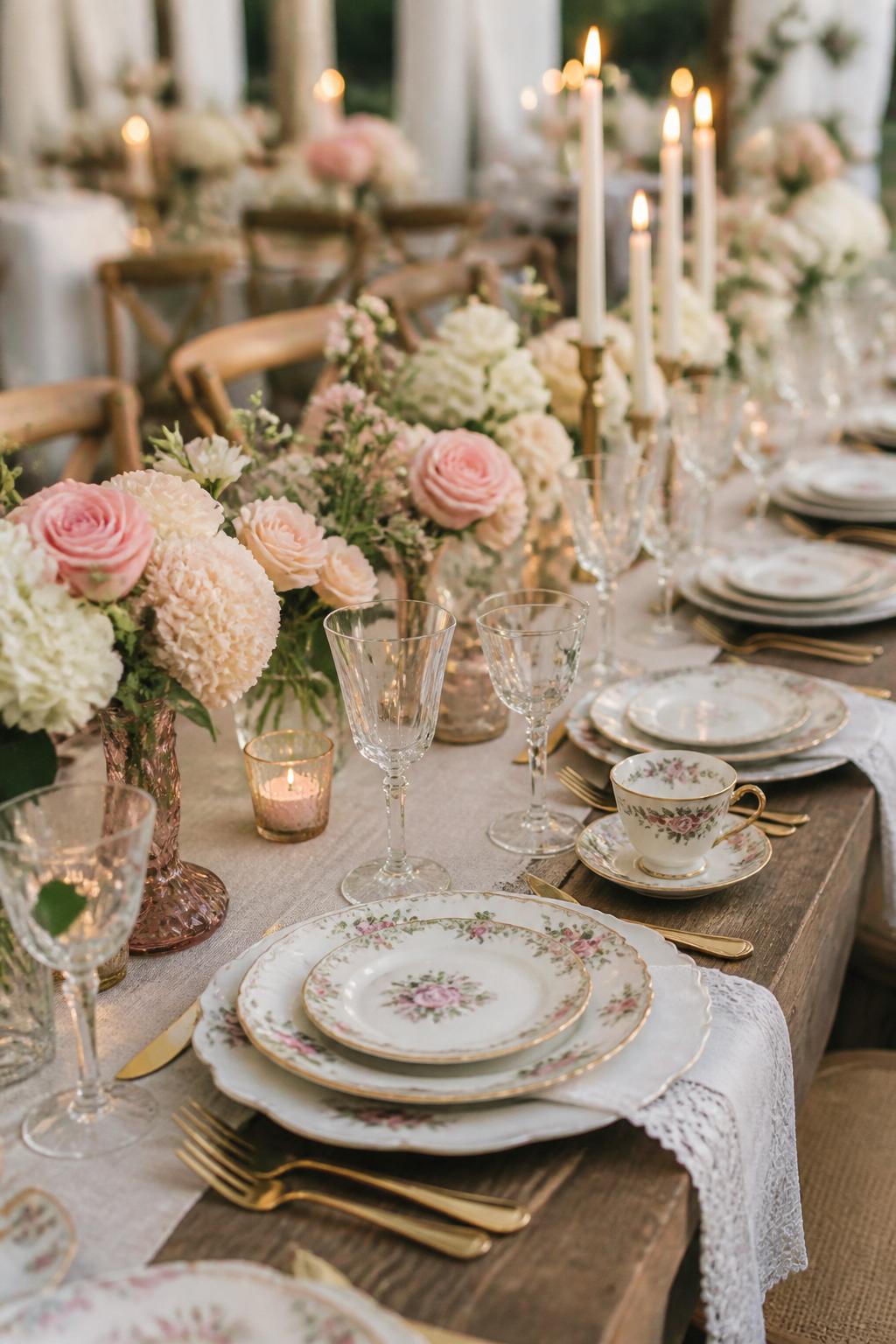 Image Prompt:
A professional editorial wedding reception photo showing a long vintage wedding table with mismatched floral china plates, delicate teacups, gold flatware, crystal glasses, lace napkins, blush and ivory flowers, and soft candlelight. The table is styled in a romantic estate or garden wedding setting with no visible faces, no full people, table-focused composition, realistic DSLR wedding photography, no text, no watermark, (no watermarks on images)
