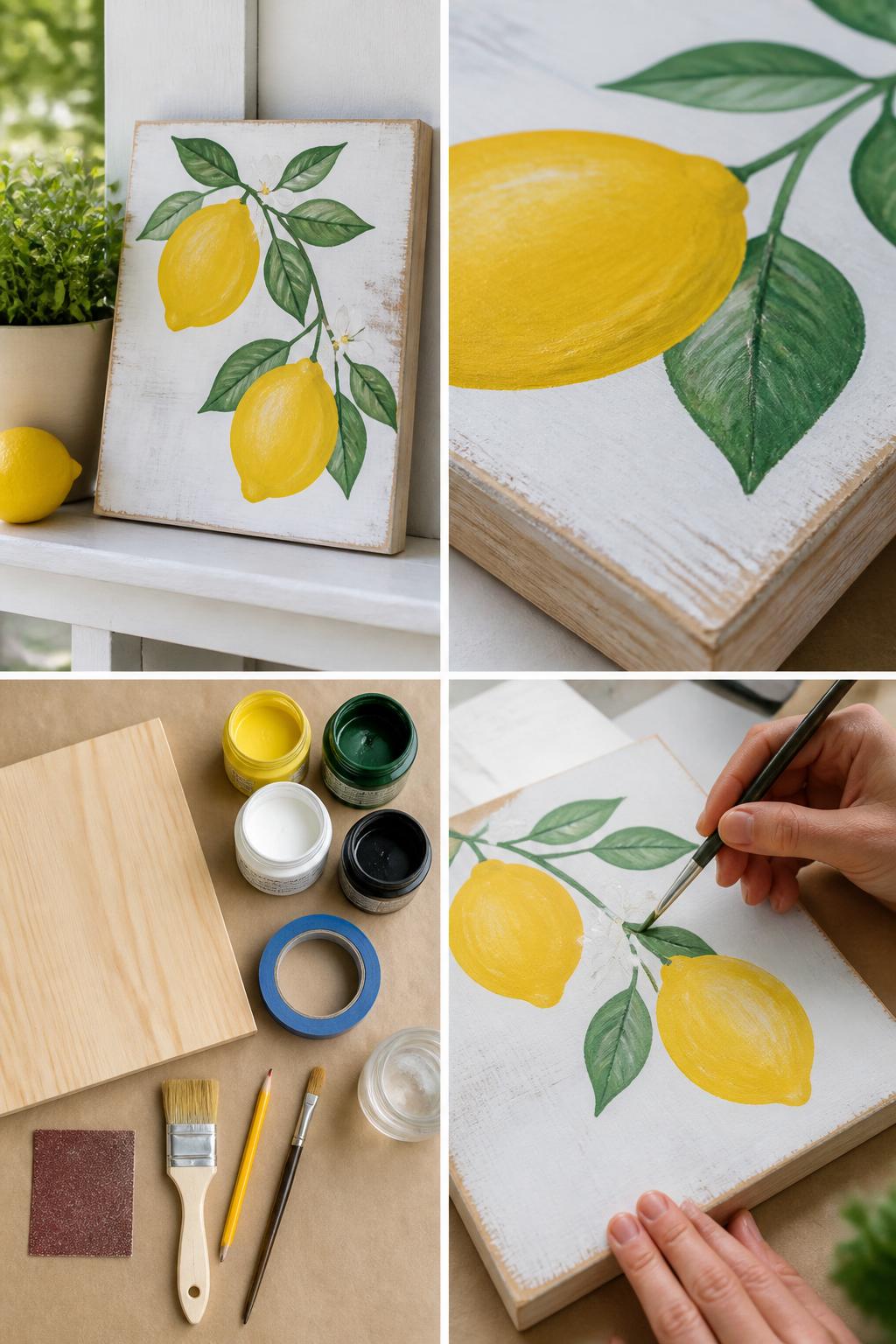 Detailed Image Prompt:
A realistic editorial 2x2 collage grid showing a simple DIY lemon wooden summer sign, top-left finished small wooden sign with painted lemons, green leaves, and a soft white background leaning on a porch shelf, top-right close-up of lemon brush details and lightly sanded wood edges, bottom-left flat lay of wood board, yellow, green, white, and black outdoor paint, paintbrushes, pencil, sandpaper, painter’s tape, and clear sealer, bottom-right cropped hands painting green leaves around lemon shapes, bright summer porch craft setting, no faces, no text, no watermark on images.