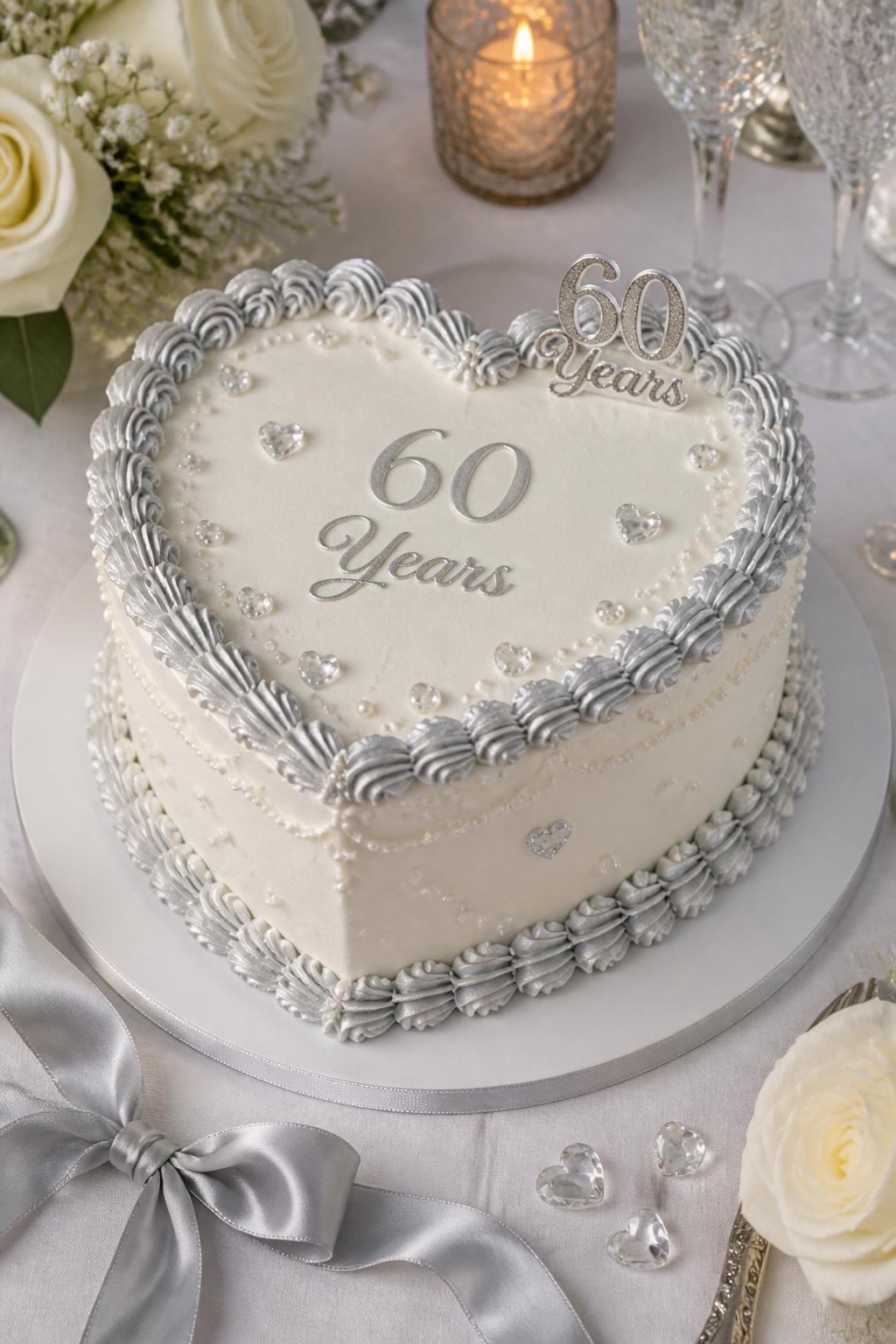 Image Prompt: A cute heart-shaped diamond anniversary cake with white buttercream, silver shell piping, tiny edible crystal hearts, pearl dots, and a small “60 Years” topper. Style it on a romantic dessert table with candles, white roses, satin ribbon, and crystal glasses. Make it sweet, elegant, and realistic, with detailed buttercream texture, no people, no faces, no watermark. (no watermarks on images)