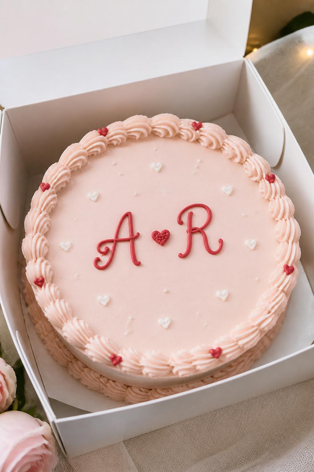 Image Prompt:
A personalized anniversary bento cake in an open white cake box, smooth blush frosting, two couple initials written neatly in red icing with a small heart between them, tiny piped heart details, neat scalloped border, soft romantic styling, close-up realistic bakery photography, no people, no hands, no faces, no watermarks on images