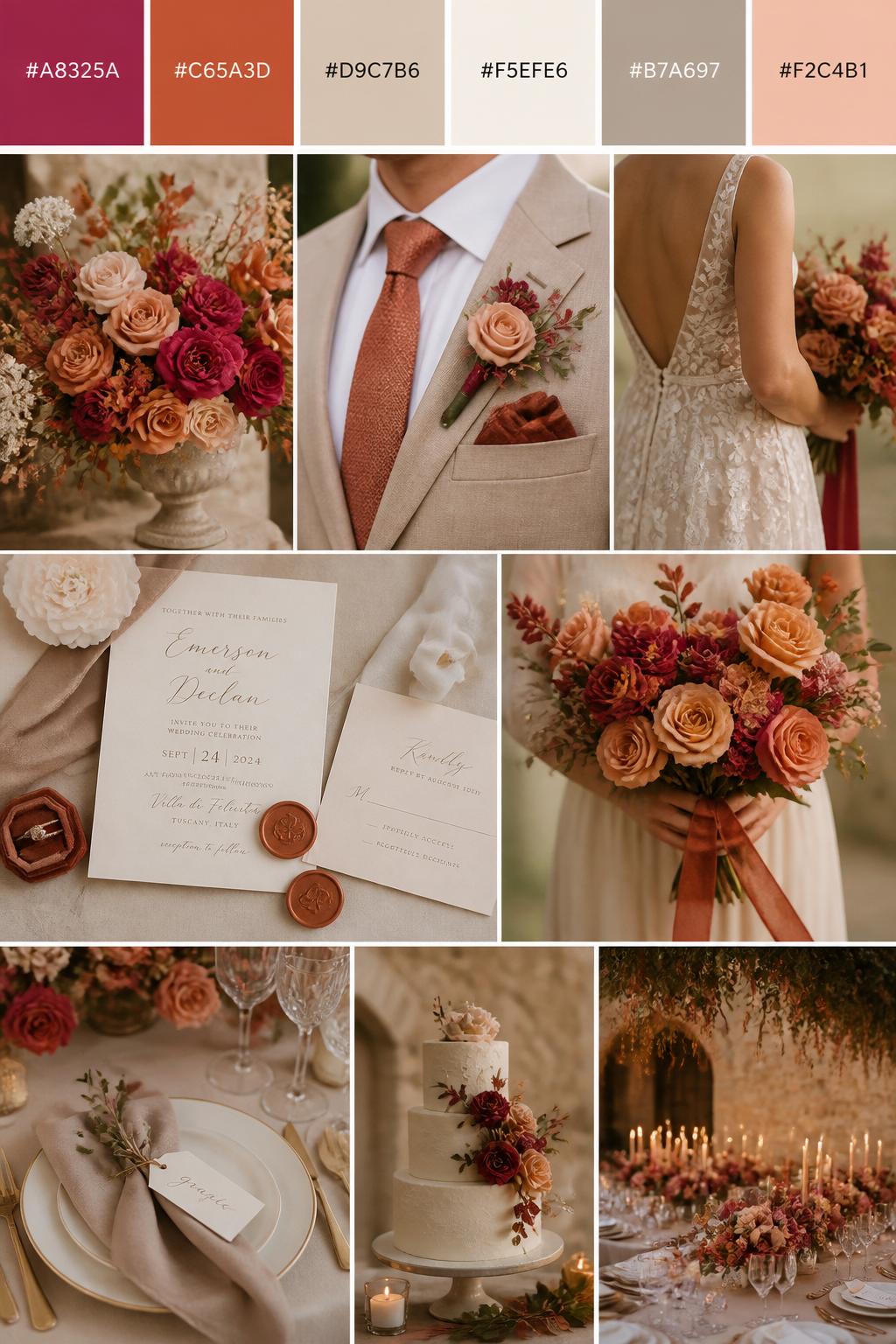 A realistic wedding palette board with a top row of color swatches and hex codes in raspberry, terracotta, beige, cream, warm taupe, and soft peach. Below, show a polished collage of terracotta-toned flowers, raspberry blooms, beige linens, elegant paper goods, a groom suit detail with boutonniere and no visible face, cropped dress shots, bouquet styling in hands-only composition, and a romantic reception table. Use no full faces, with side crops, back views, and no-people decor shots for variety. The mood should feel warm, rich, and romantic with true-to-life DSLR quality. 9:16 vertical format. (no watermarks on images)