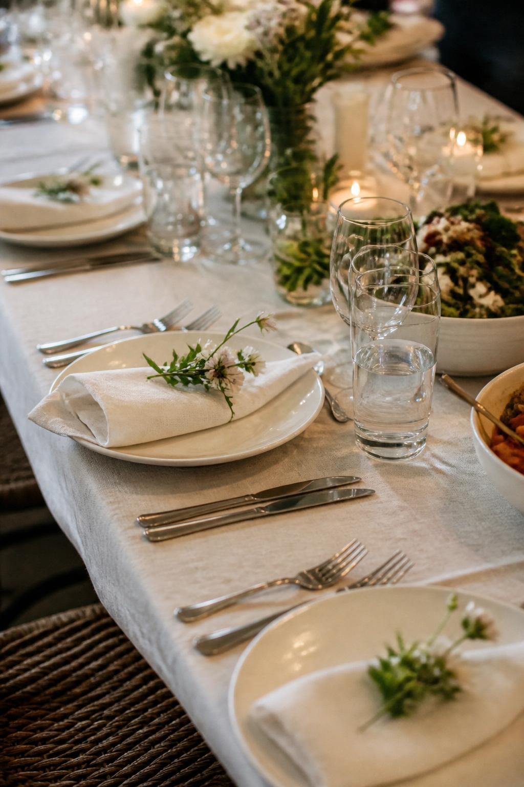 Image Prompt:
A close editorial family style wedding table photo focused on place settings with white plates, folded linen napkins, small floral sprigs, polished flatware, clear glasses, and shared serving bowls softly blurred in the background. Intimate wedding dinner setting, no visible faces, no text, no watermark, realistic professional photography, (no watermarks on images)
