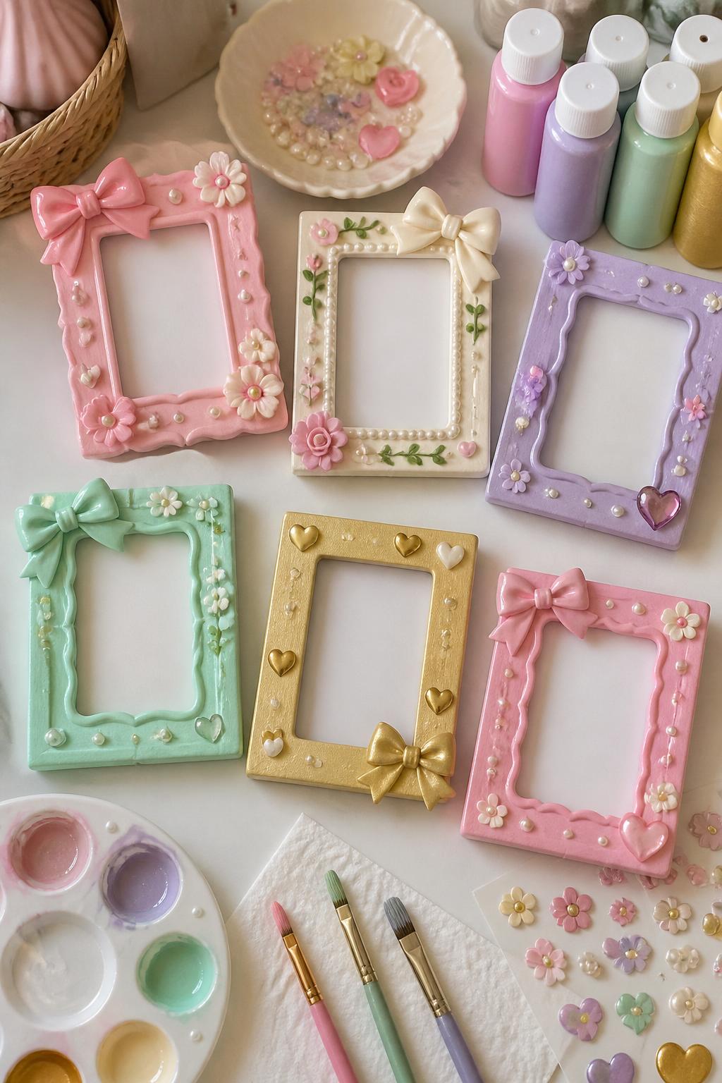 Detailed Image Prompt:
A sweet girls’ night craft photo showing mini painted picture frames, small wooden frames painted in pink, cream, lavender, mint, and gold, decorated with bows, pearls, flowers, hearts, and tiny stickers, arranged beside craft paints and brushes on a clean table, cute friendship keepsake style, no people, no faces, no readable text, no watermark on images.