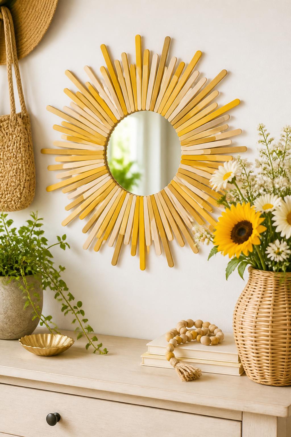 Detailed Image Prompt:
A stylish summer craft photo of a handmade wooden sunburst mirror frame, small round mirror surrounded by thin wooden craft sticks painted in soft gold, yellow, and natural wood tones, placed on a bright entryway table with summer flowers nearby, clean editorial home decor styling, no people, no faces, no readable text, no watermark on images.