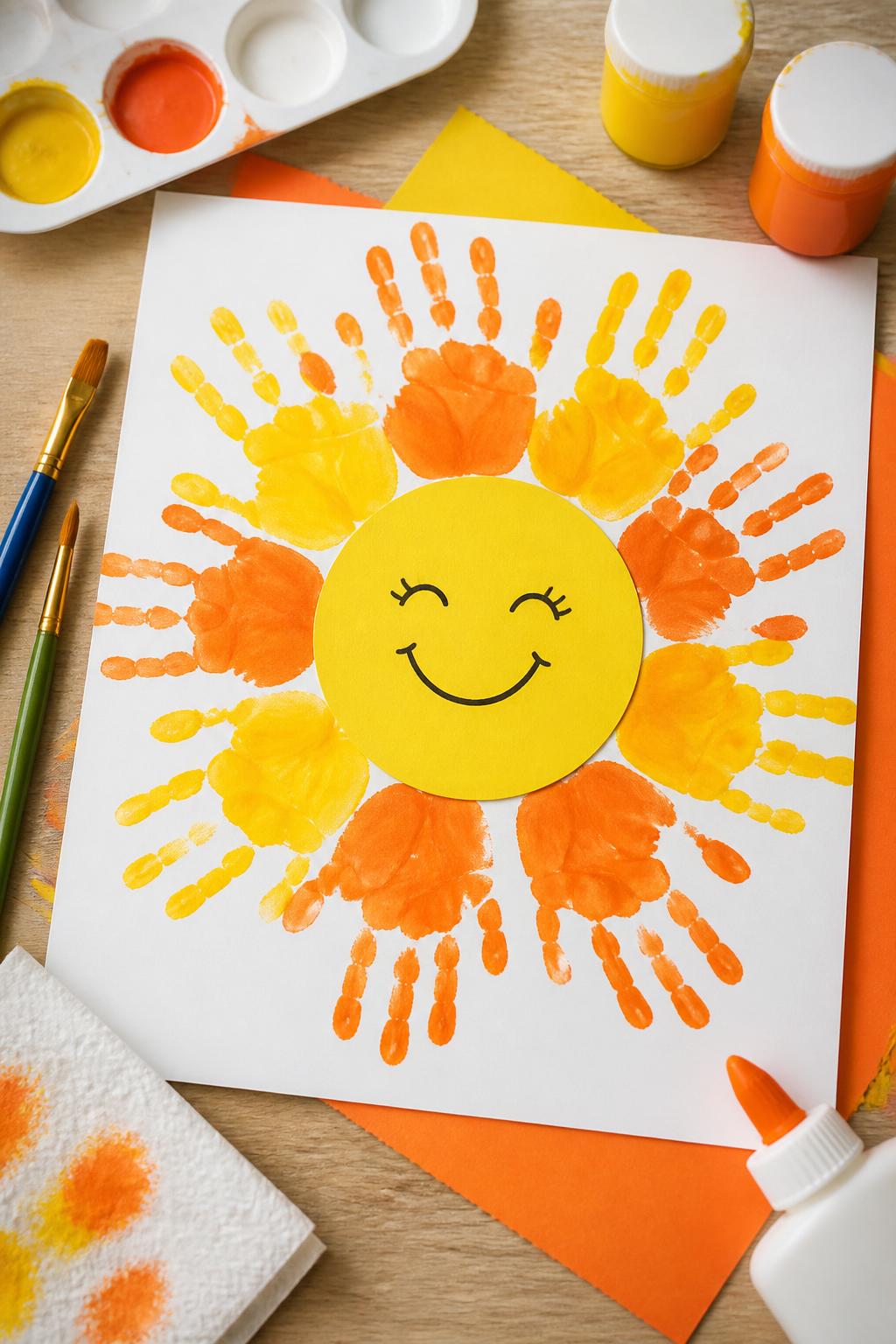 Detailed Image Prompt:
A sweet summer keepsake craft photo showing handprint sun art, orange and yellow painted handprints arranged around a bright yellow paper circle, simple smiling sun face in the center, white cardstock background, washable paint, paintbrushes, paper towels, and glue nearby, cheerful first day of summer memory craft, no real hands, no faces except drawn sun face, no readable text, no watermark on images.