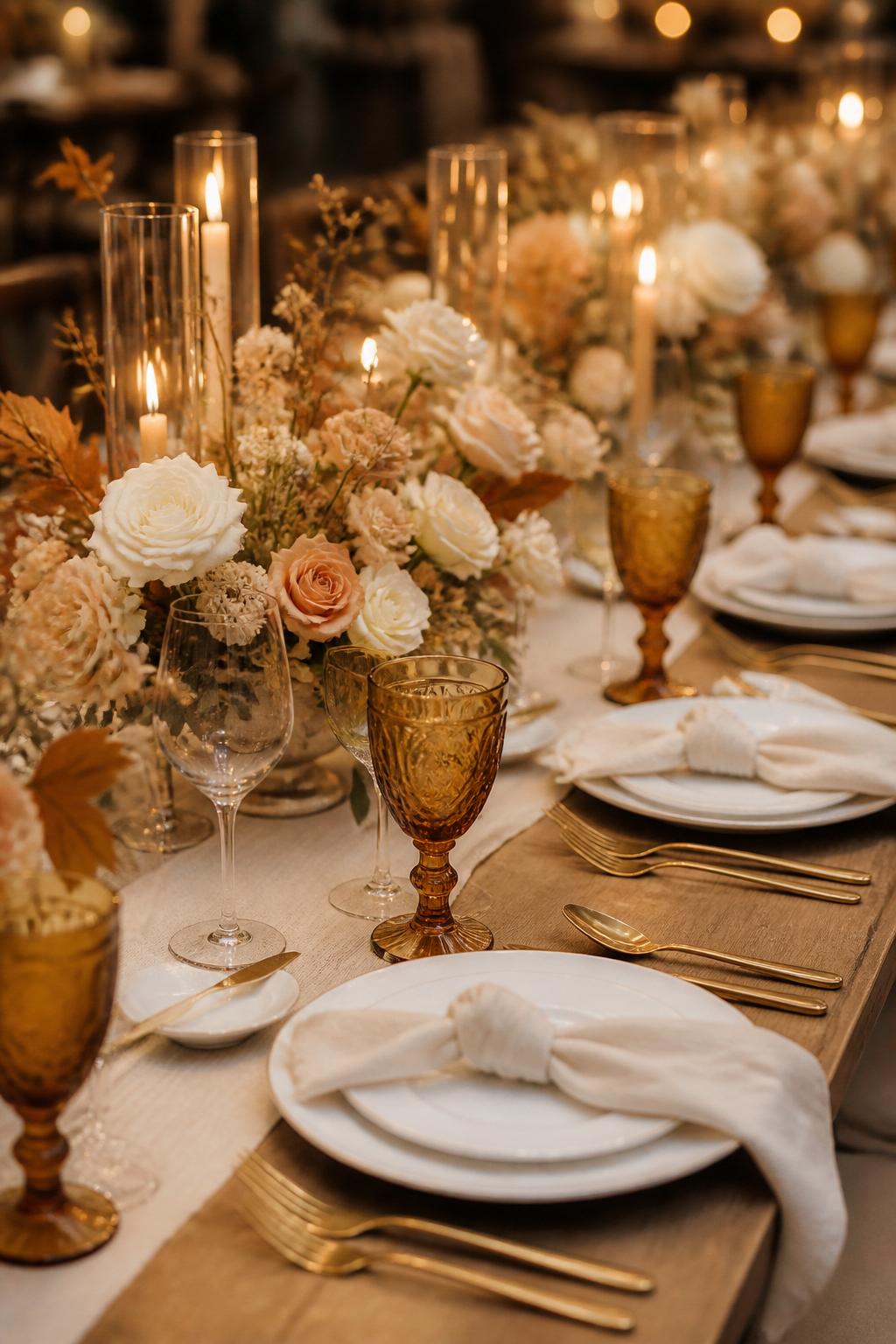 Image Prompt:
A stylish autumn wedding table image showing amber glassware, neutral floral centerpieces in ivory, beige, blush, and soft peach tones, white plates, linen napkins, gold flatware, and warm candlelight. Elegant fall reception setting, no visible faces, no text, no watermark, professional DSLR wedding photography, (no watermarks on images)