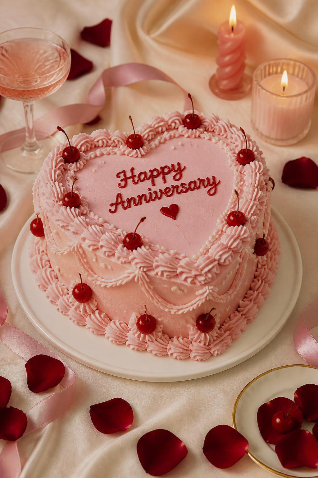 Image Prompt: A vintage heart-shaped anniversary cake with pale pink buttercream, Lambeth-style piping, tiny cherries, pearl dots, and red heart accents. Place it inside a romantic dessert setup with satin ribbon, rose petals, candles, and a soft cream backdrop. Make it playful, romantic, and editorial, with realistic buttercream texture, no people, no faces, no watermark. (no watermarks on images)