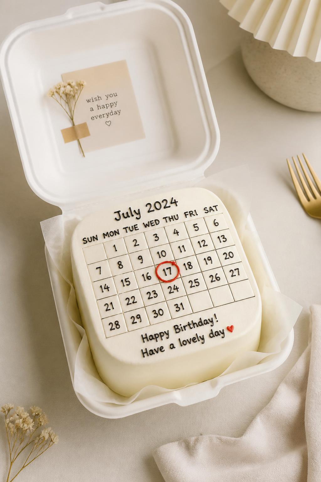 Image Prompt:
A personalized bento birthday cake designed like a tiny calendar page, smooth white frosting, thin icing calendar grid, birthday date circled in red with a tiny heart, short birthday text, placed in an open white bento box, clean editorial styling, soft beige background, realistic bakery photography, no people, no hands, no faces, no watermarks on images