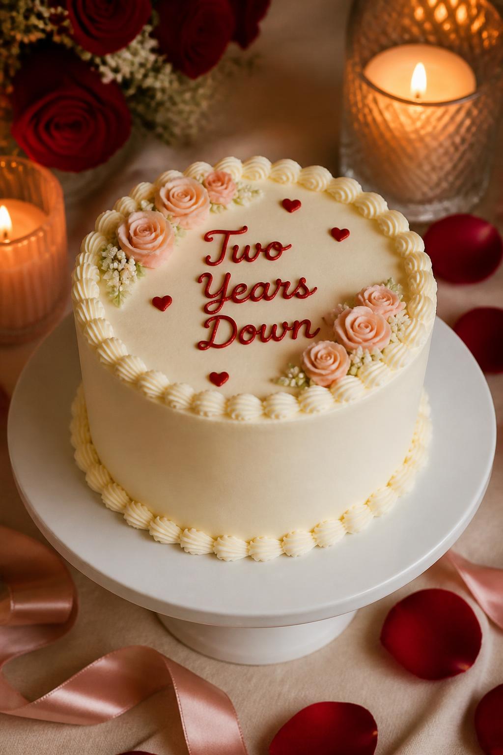 Image Prompt: A small round 2 year anniversary cake with smooth white buttercream, neat piped lettering that says “Two Years Down,” tiny red hearts, soft shell borders, and blush floral accents. Place it on a white cake stand with candles, rose petals, satin ribbon, and warm indoor lighting. Make it romantic, cute, and realistic, no people, no faces, no watermark. (no watermarks on images)