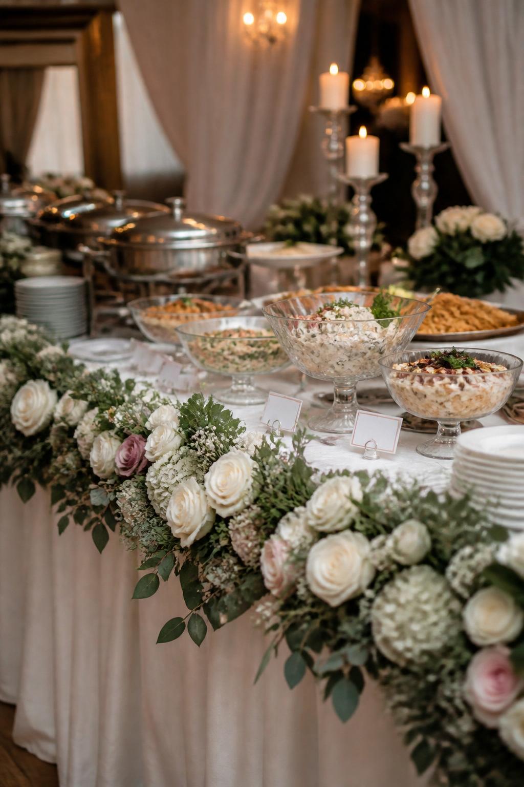 Image Prompt:
A professional editorial wedding reception photo showing a long buffet table decorated with a lush floral garland across the front edge. Use white roses, blush flowers, soft greenery, eucalyptus, ivory linen, elegant serving platters, clear glass serving bowls, small food labels with no readable text, and warm candlelight nearby. The setting is a refined indoor wedding reception, no visible faces, no full people, buffet-focused composition, realistic DSLR wedding photography, no text, no watermark.
