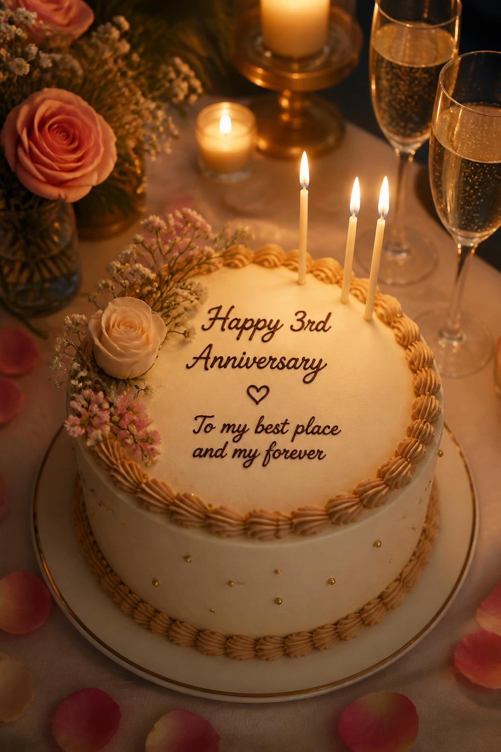 Image Prompt: A romantic 3rd anniversary cake with smooth ivory buttercream, soft caramel piping, slim white candles, tiny gold pearls, blush flowers, and a sweet anniversary message on top. Style it on an intimate evening dessert table with glowing candles, champagne glasses, rose petals, and warm soft lighting. Make it emotional, beautiful, and realistic, no people, no faces, no watermark. (no watermarks on images)