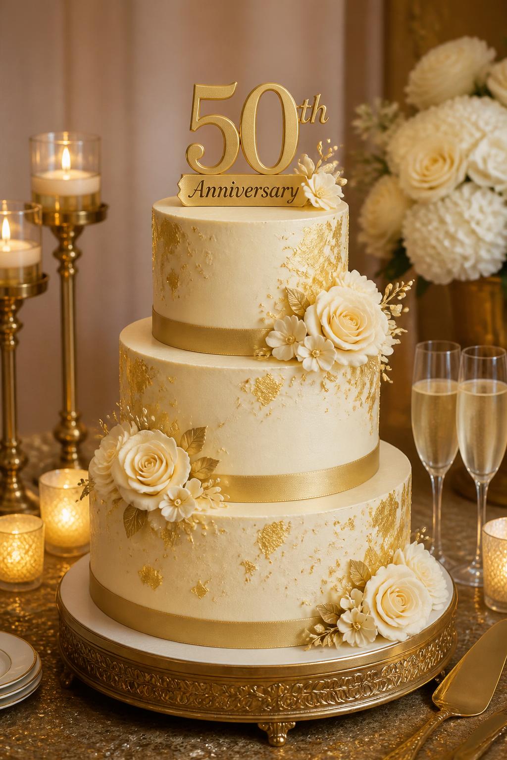 Image Prompt: A grand golden 50th anniversary cake with three tiers, ivory buttercream, gold fondant bands, edible gold leaf, and cream sugar flowers. Style it on a formal dessert table with gold candle holders, champagne glasses, and warm soft lighting. Make it look timeless, celebratory, and luxurious, with realistic cake texture, no people, no faces, no watermark. (no watermarks on images)