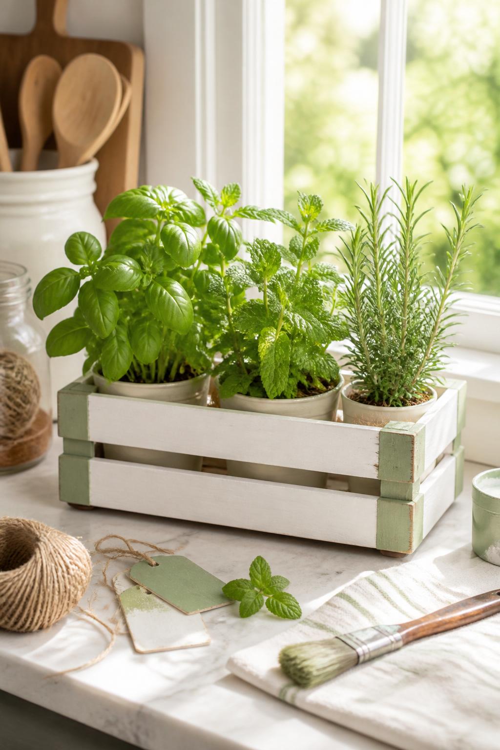 Detailed Image Prompt:
A charming summer DIY photo of a mini wooden crate herb planter on a sunny kitchen windowsill, small crate painted white with soft green accents, filled with small potted basil, mint, and rosemary plants, paintbrush, twine, and plant tags nearby, fresh farmhouse kitchen styling, no people, no faces, no readable text, no watermark on images.