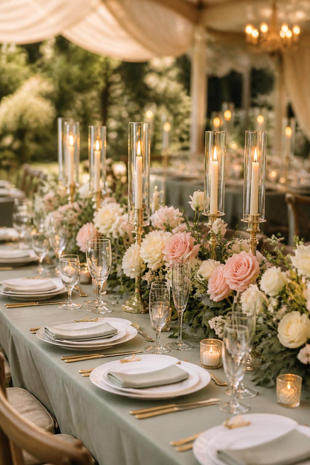 Image Prompt:
A beautiful wedding table photo showing sage green linens paired with blush roses, ivory flowers, soft greenery, gold candle holders, white plates, clear glassware, and warm romantic lighting. Garden or tented wedding reception setting, no visible faces, no text, no watermark, professional editorial wedding photography, (no watermarks on images)