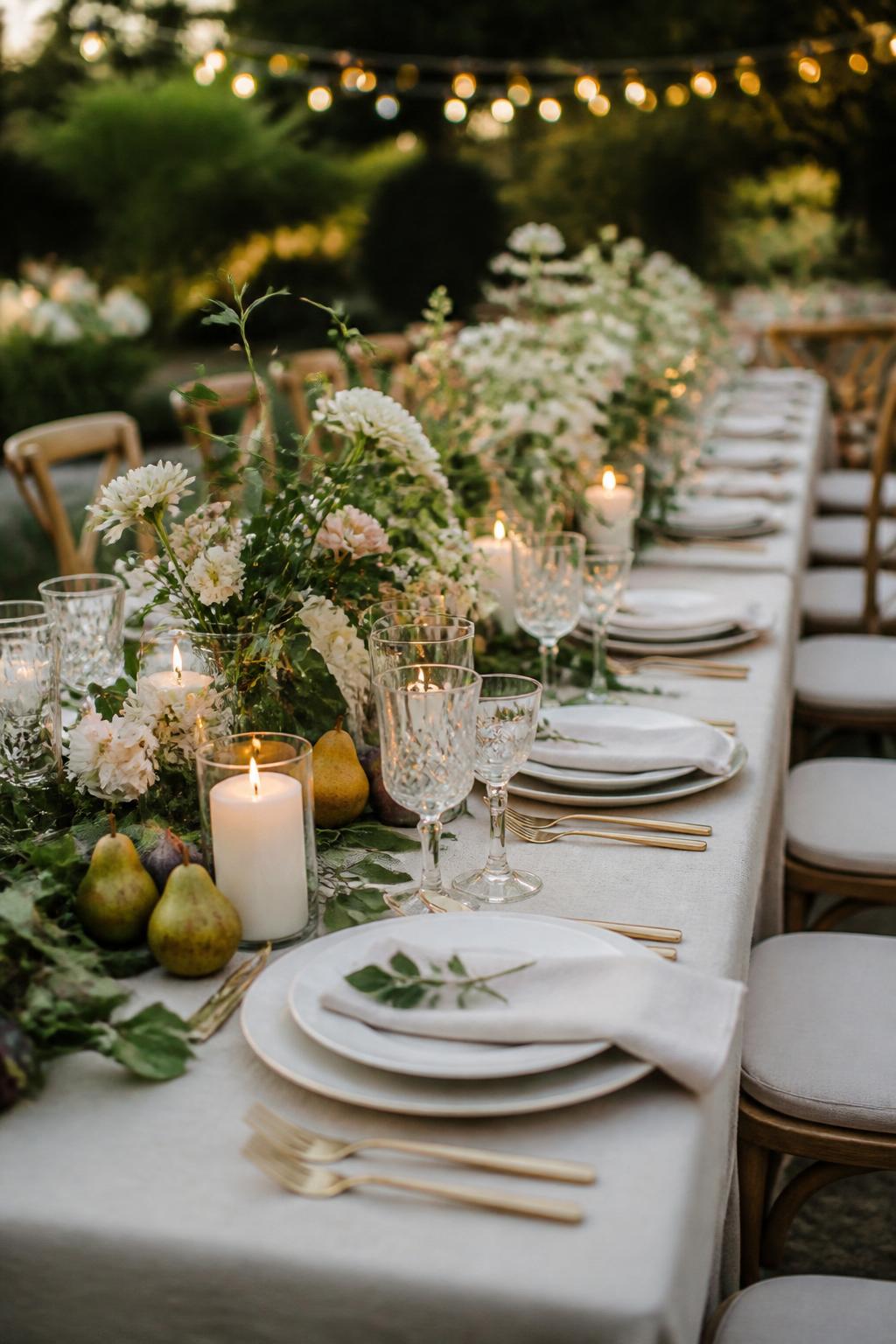 Image Prompt:
A romantic garden wedding table photo showing a long rectangle table with loose floral arrangements, greenery, small pears and figs placed along the runner, ivory candles, white plates, linen napkins, and gold flatware. The setting is an outdoor garden reception with soft evening light, no visible faces, no text, no watermark, professional DSLR editorial image.