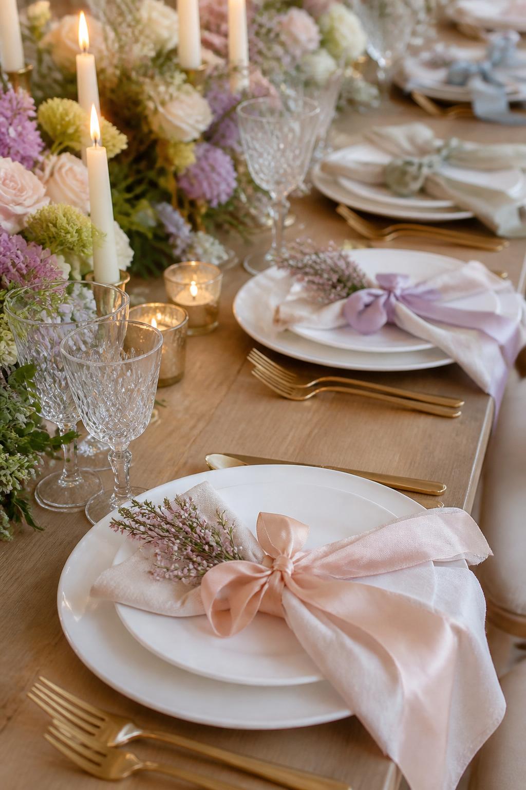 Image Prompt:
A close editorial wedding table photo focused on place settings with linen napkins tied in soft silk ribbons in blush, lavender, sage, and pale blue. Add white plates, gold flatware, crystal glasses, small floral sprigs, and warm candlelight in the background. No visible faces, no text, no watermark, realistic professional wedding photography, (no watermarks on images)