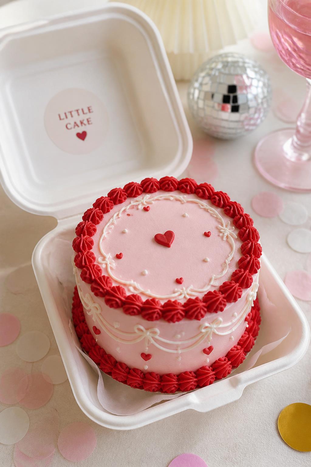 Detailed Image Prompt:
A cute mini vintage bento cake with pale pink buttercream, red piped borders, tiny swirls, a small heart motif, and a neat bakery-style finish, styled in a simple white cake box with soft party decor nearby, realistic editorial cake photography, no people, no watermarks on images.