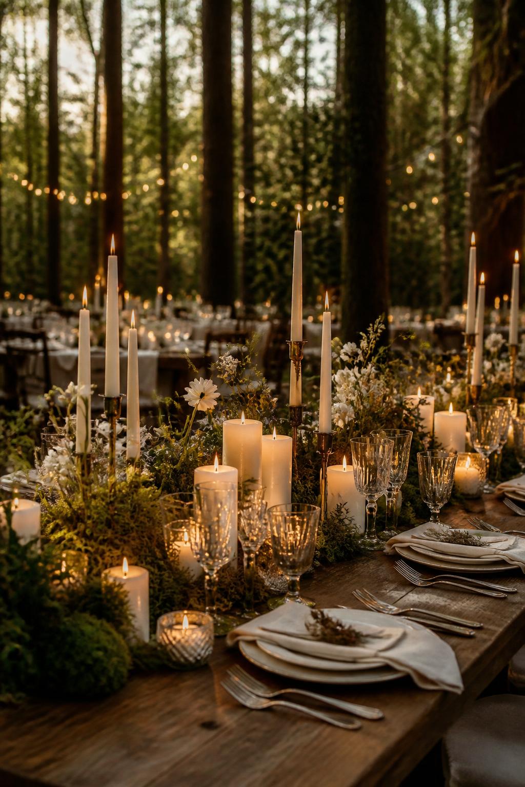 A dreamy forest wedding reception table featuring clusters of candles in different heights, including taper candles, votives, and pillar candles, mixed with soft greenery, moss, white florals, and neutral place settings. The table is set under tall trees with warm evening light and a romantic woodland atmosphere. No visible faces, no text, no watermark, magazine-quality DSLR wedding photography.
