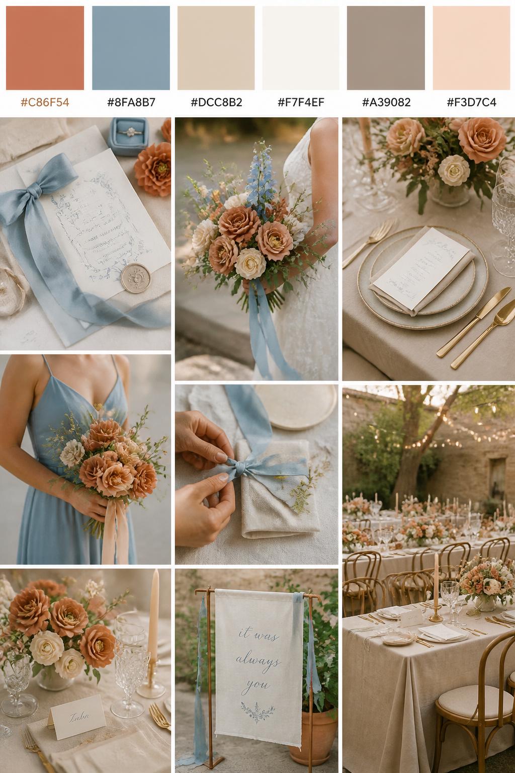 A realistic Pinterest-style wedding palette board with a top row of swatches and hex codes in soft terracotta, dusty blue, sand beige, ivory, warm taupe, and pale peach. Below the swatches, create a polished wedding collage with dusty blue ribbon, terracotta blooms, sandy linens, elegant table settings, soft stationery, a side-view bouquet shot, a bridesmaid dress detail cropped below the shoulders, and a no-people reception tablescape under warm light. Use varied no-face compositions, including hands-only details, back-view styling, side-view crops, and no-people decor scenes. DSLR photo realism, 9:16 vertical format. (no watermarks on images)
