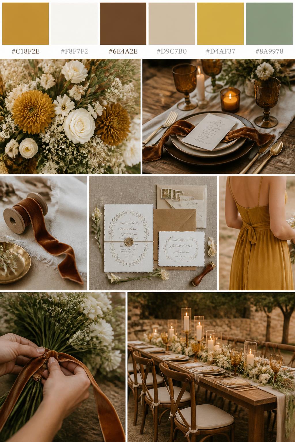A realistic wedding inspiration mood board with a top row of swatches and small hex codes in mustard yellow, white, warm brown, beige, soft gold, and muted sage. Under the palette strip, show a polished collage of mustard flowers, white blooms, brown velvet ribbon, wooden table styling, amber glass details, rustic paper goods, a cropped bridesmaid dress image from the neck down, hands tying ribbon around a bouquet, and a romantic no-people country reception table with warm candlelight. Use only back views, side views, detail crops, and no-people decor scenes to avoid face issues. DSLR-style realism, 9:16 vertical format. (no watermarks on images)
