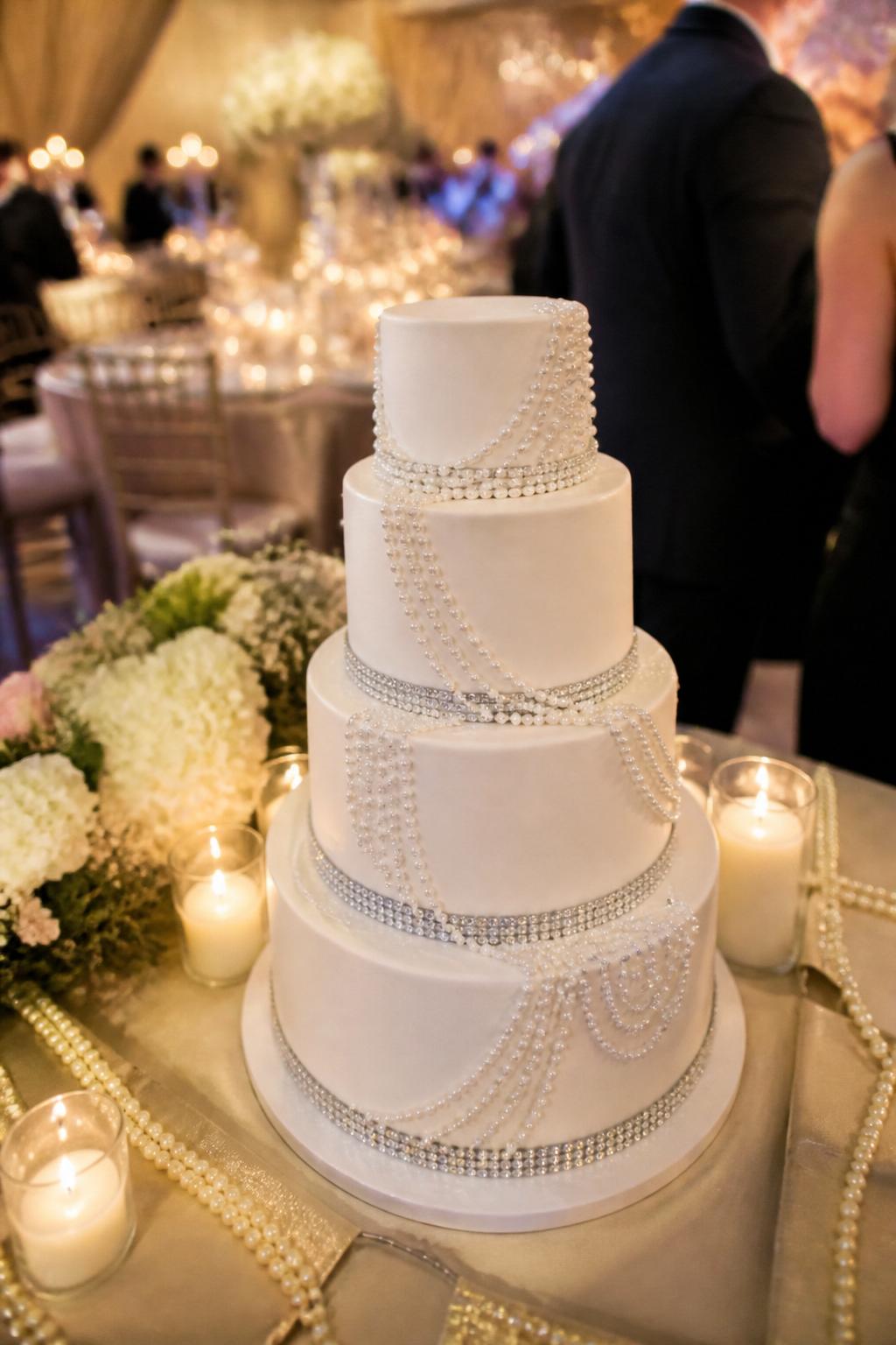 Image Prompt: Ultra-realistic wedding party scene featuring a white multi-tier wedding cake decorated with pearl strands and rhinestone bands wrapped neatly around each tier. Place the cake on a dressed cake table at an elegant reception with soft florals, candles, glassware, and a romantic ballroom setting. The image should feel like a real wedding photo, with the cake in sharp focus and the background softly blurred. No faces visible. If any guests are included, show only cropped torsos, hands holding champagne glasses, or back views. Detailed fondant, realistic pearl texture, sparkling rhinestones, and true wedding atmosphere. Editorial wedding photography, ultra-realistic, stylish and believable. (no watermarks on images)