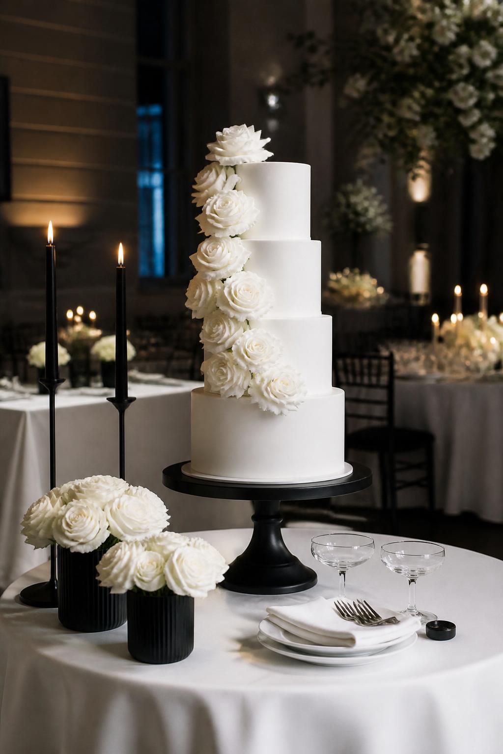 Image Prompt:
A sleek modern wedding cake table with a white tiered cake on a black cake stand, crisp white linen, black taper candles placed safely to the side, white roses in low black vases, and clear glassware. Modern indoor reception setting, no visible faces, no text, no watermark, realistic editorial wedding photography, (no watermarks on images)