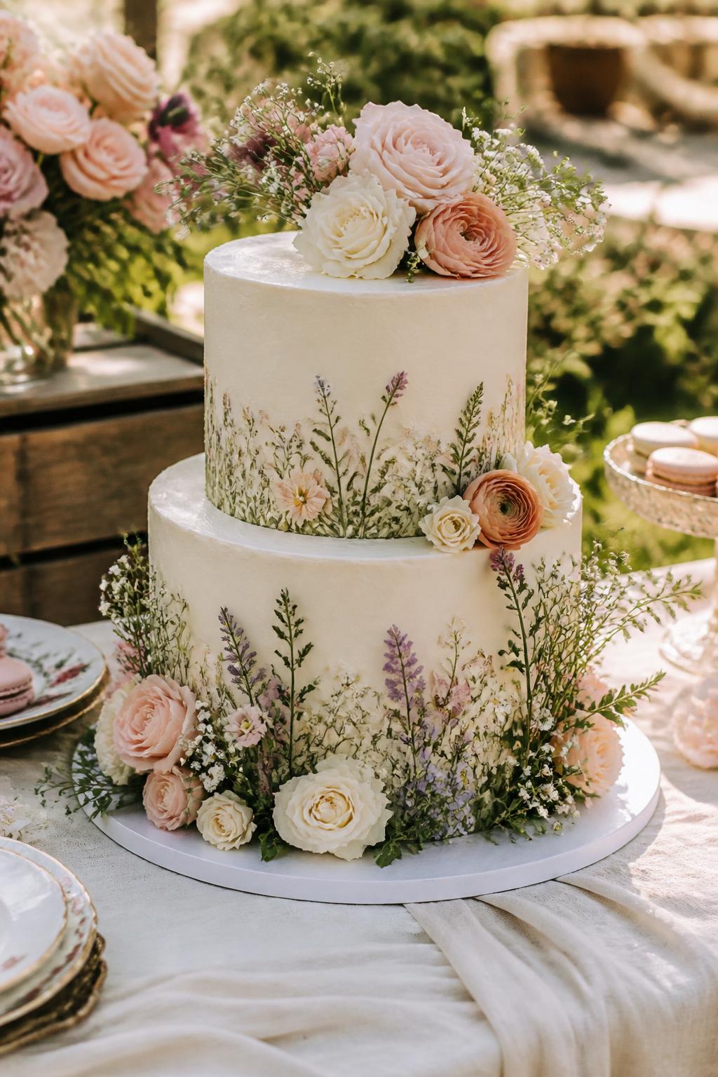 Image Prompt: A romantic two-tier anniversary cake with smooth ivory buttercream and a floral meadow design around the base. Use fresh roses, ranunculus, baby’s breath, and small greenery arranged as if growing naturally around the cake. Place it on a garden dessert table with soft linen and warm daylight. Make it realistic, romantic, and editorial, no people, no faces, no text overlay, no watermark. (no watermarks on images)